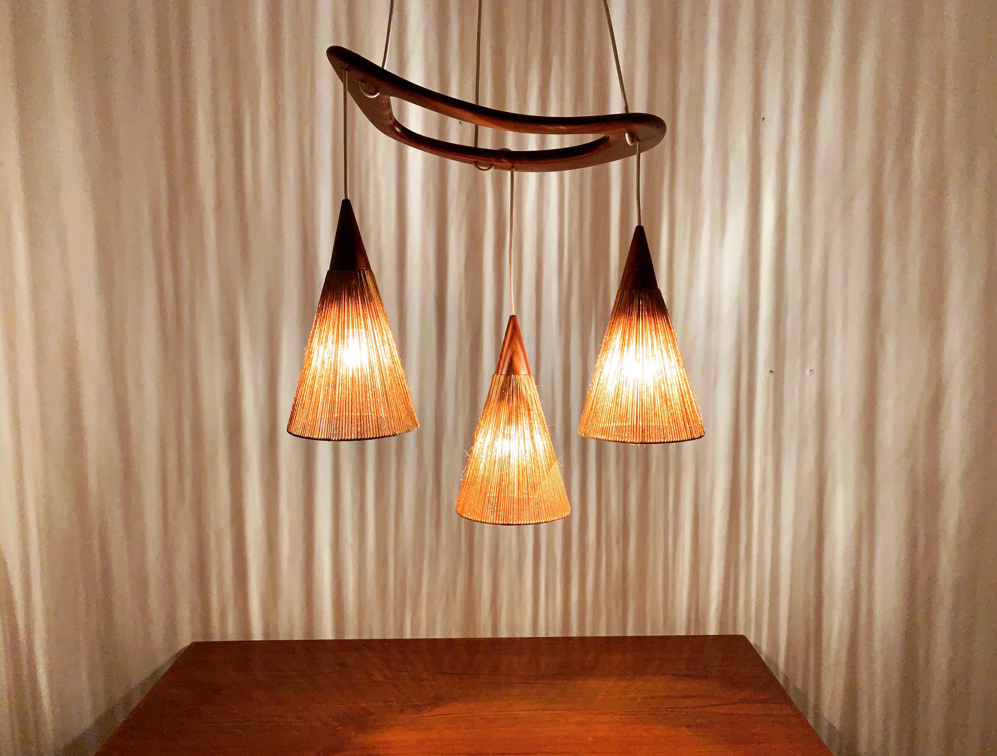 Teakwood and Raffia Bast Cascading Lamp by Jean Rispal For Sale 2