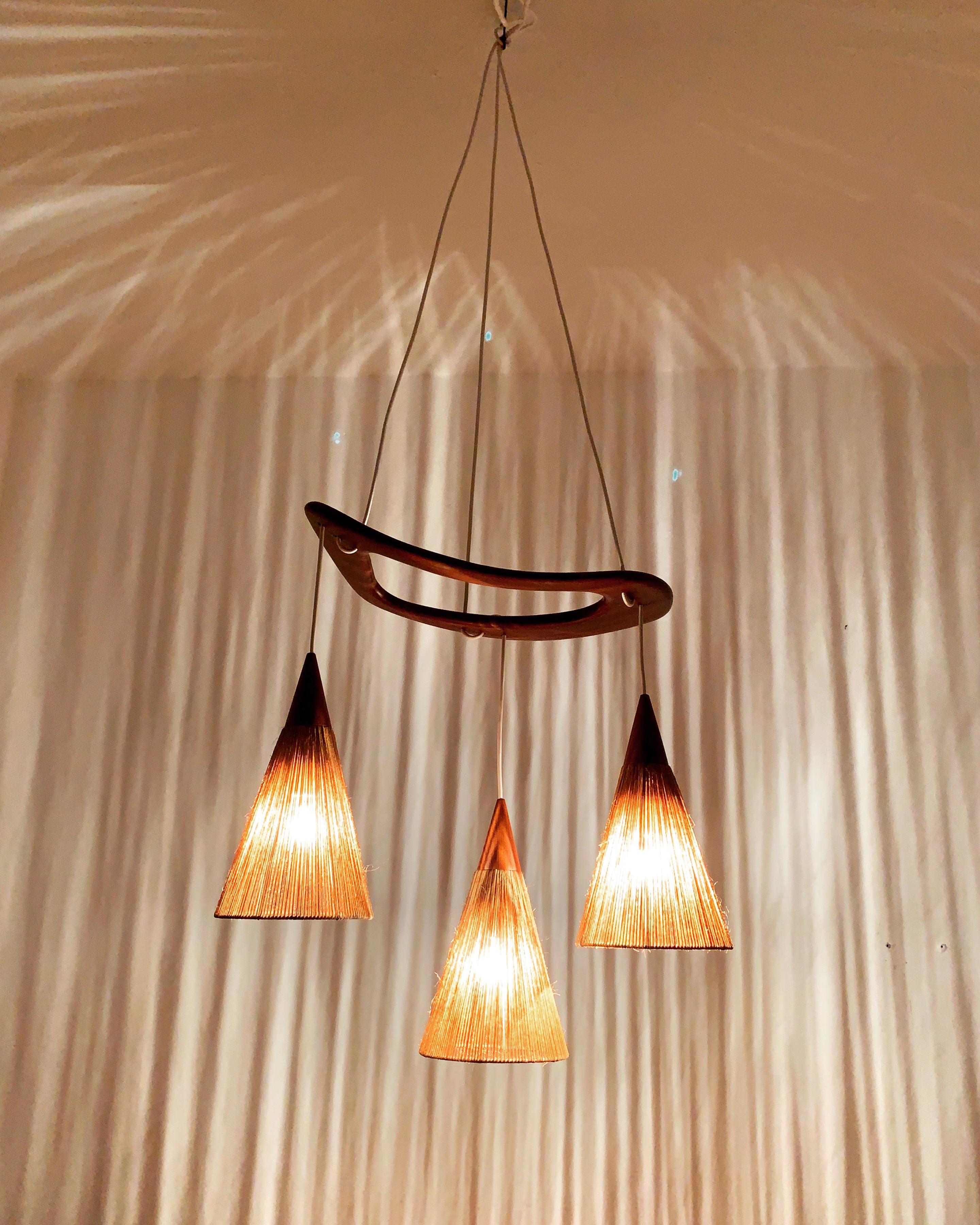 Teakwood and Raffia Bast Cascading Lamp by Jean Rispal For Sale 2