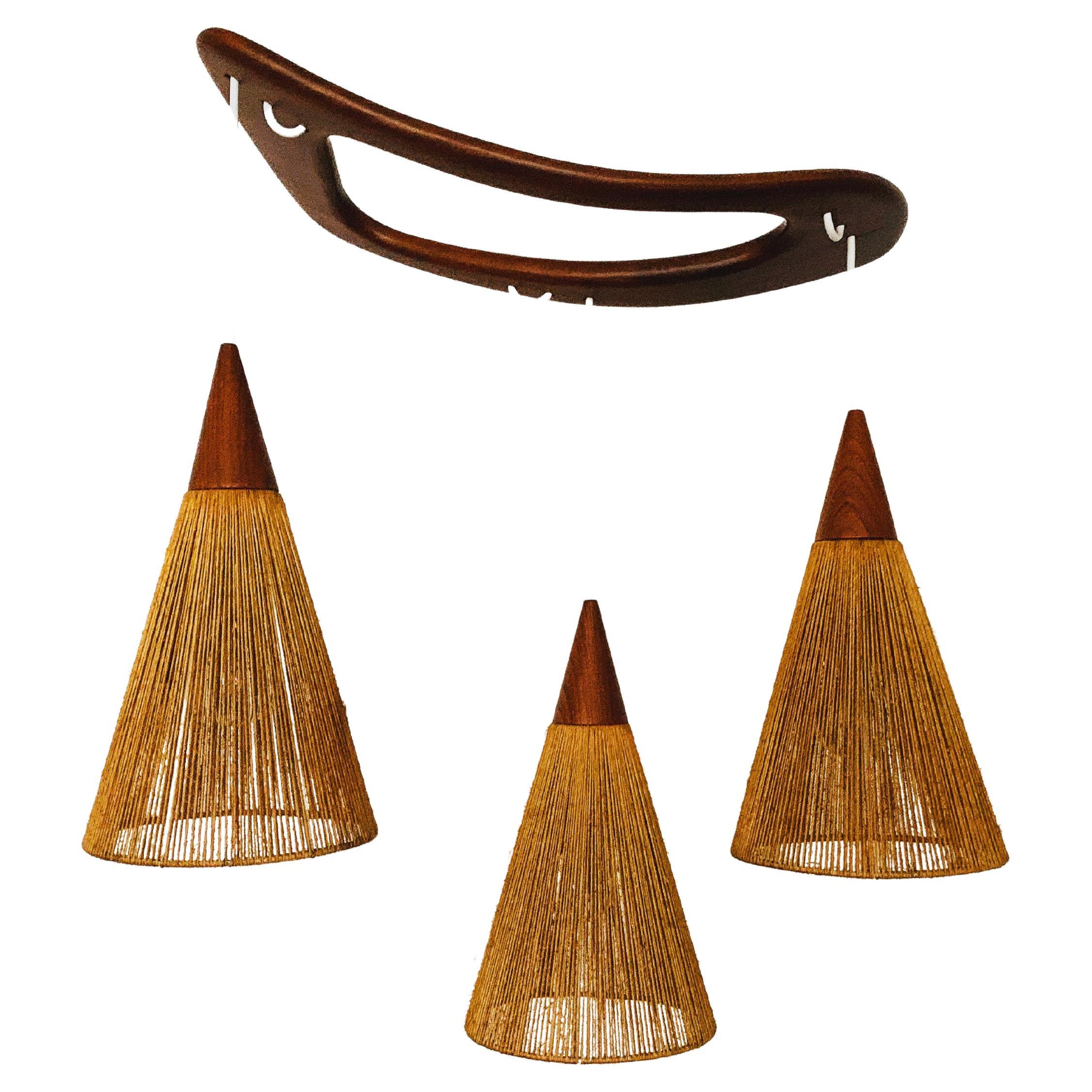 Teakwood and Raffia Bast Cascading Lamp by Jean Rispal For Sale
