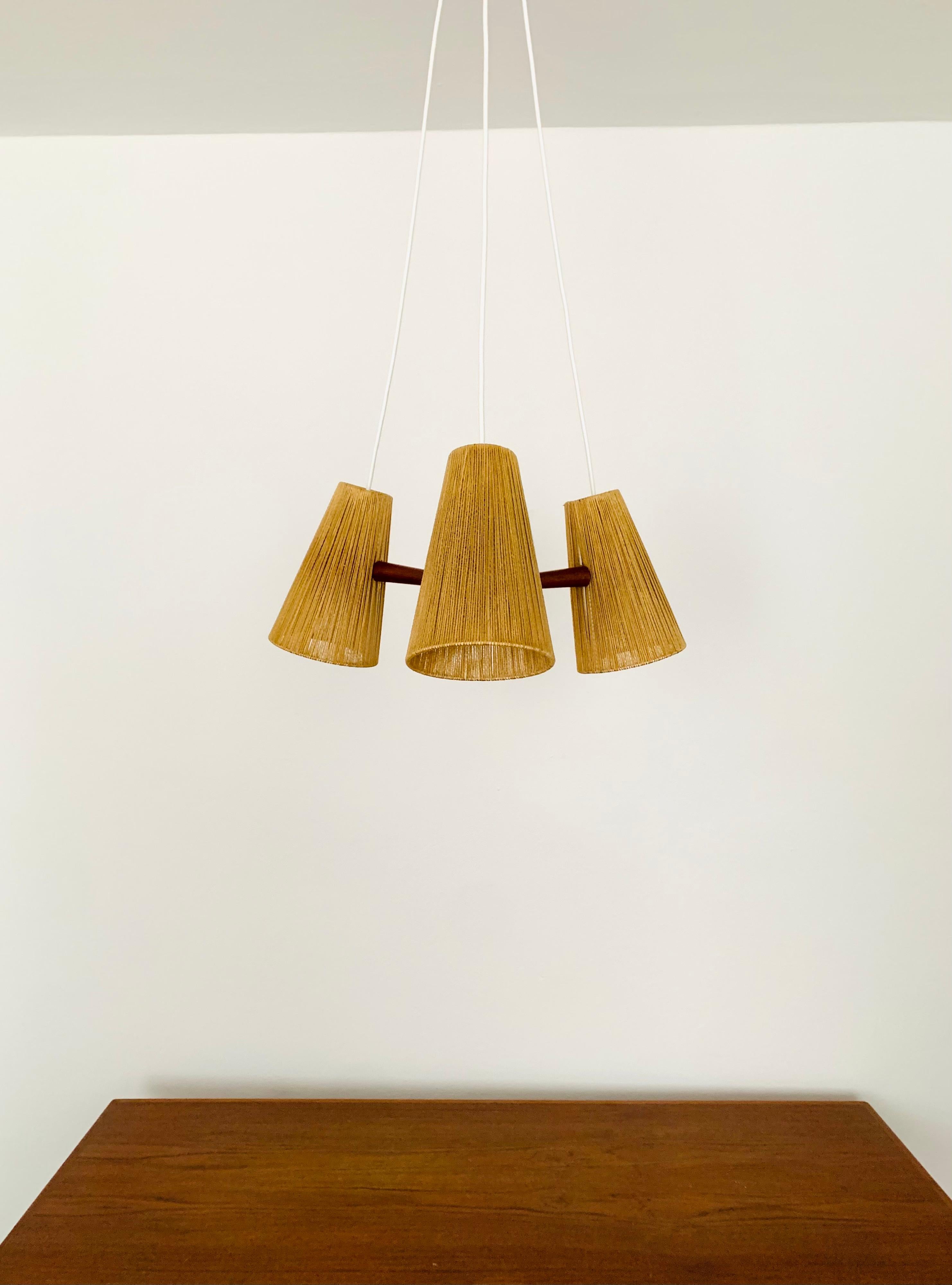 German Teakwood and Sisal Chandelier from Temde