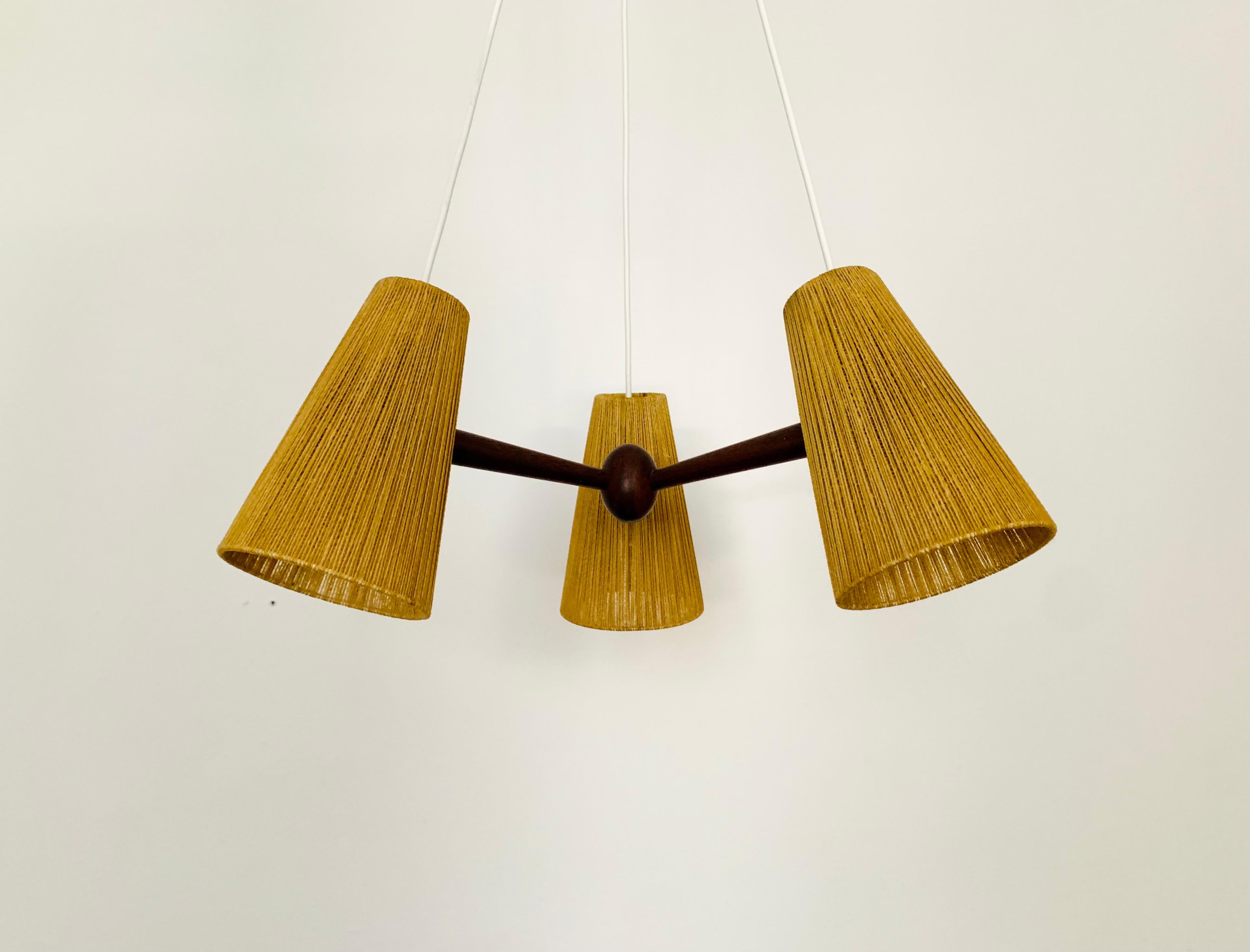 Mid-20th Century Teakwood and Sisal Chandelier from Temde For Sale