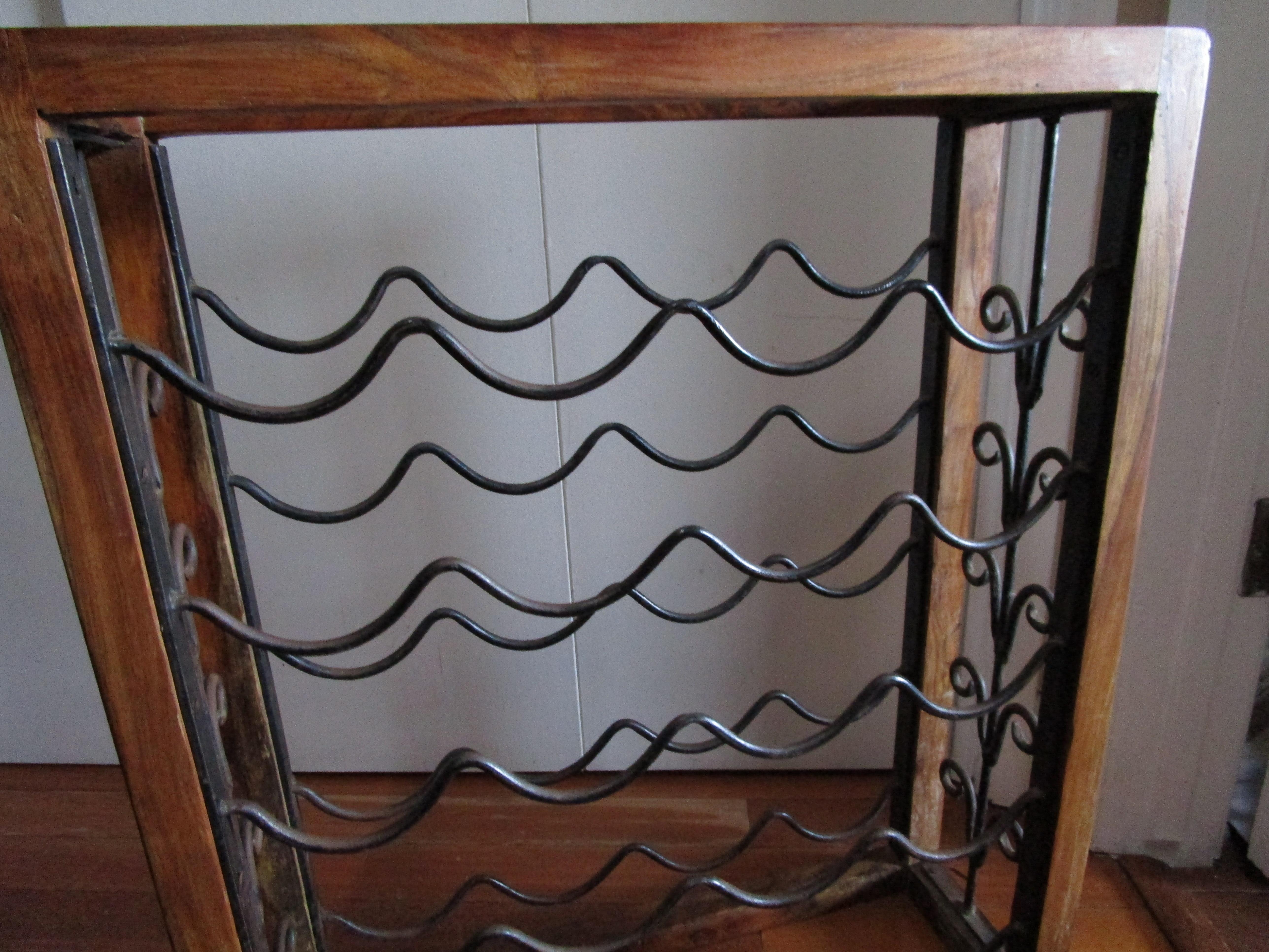 Carved Teakwood and Wrought Iron 1950s Wine Rack Shelf For Sale