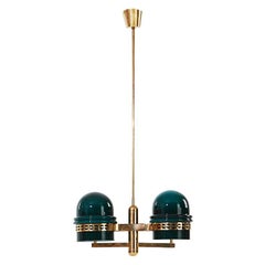 Teal and Brass Glass Art Nouveau Ceiling Lamp