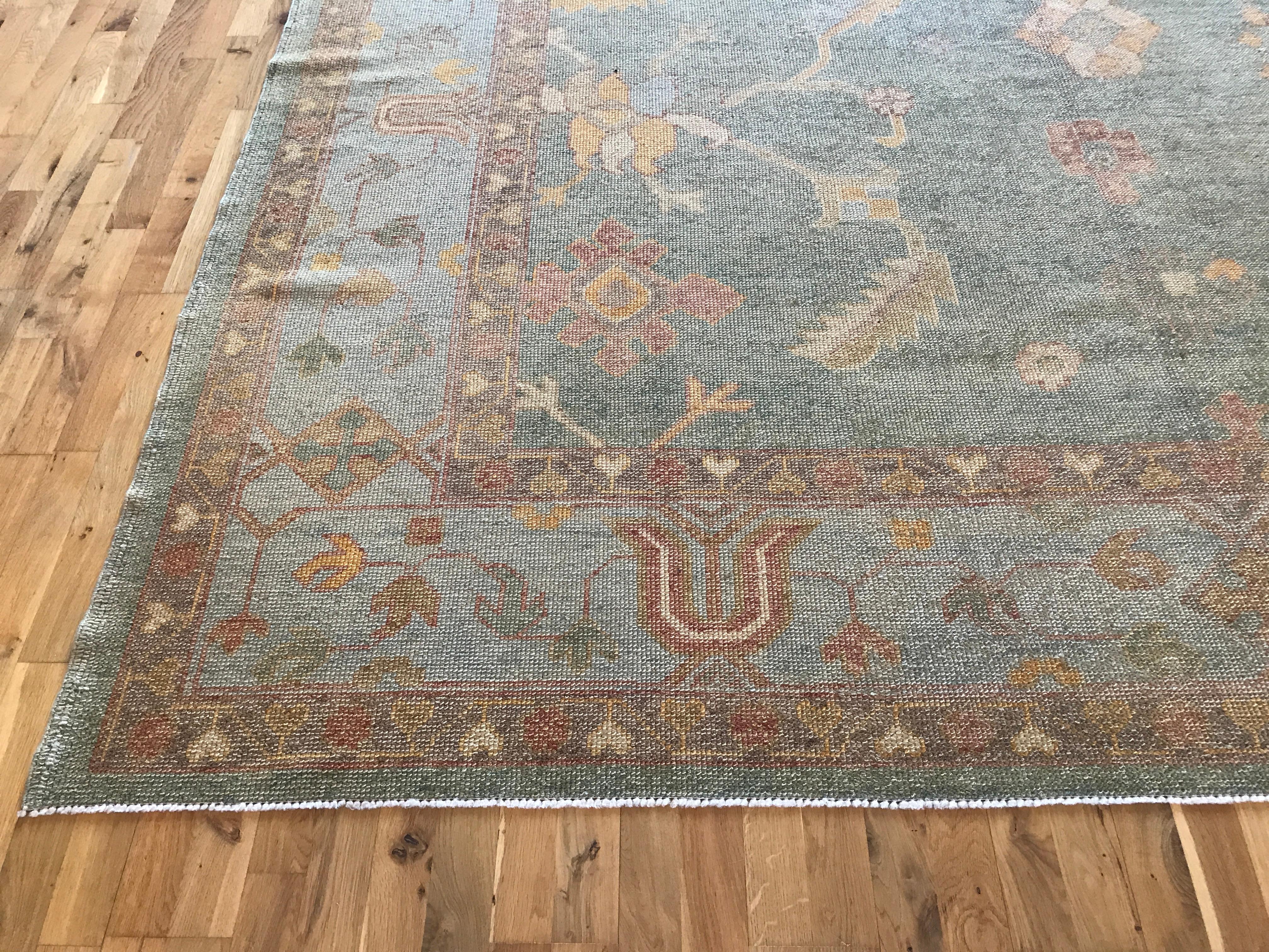 Turkish Teal and Gold Oushak Rug For Sale