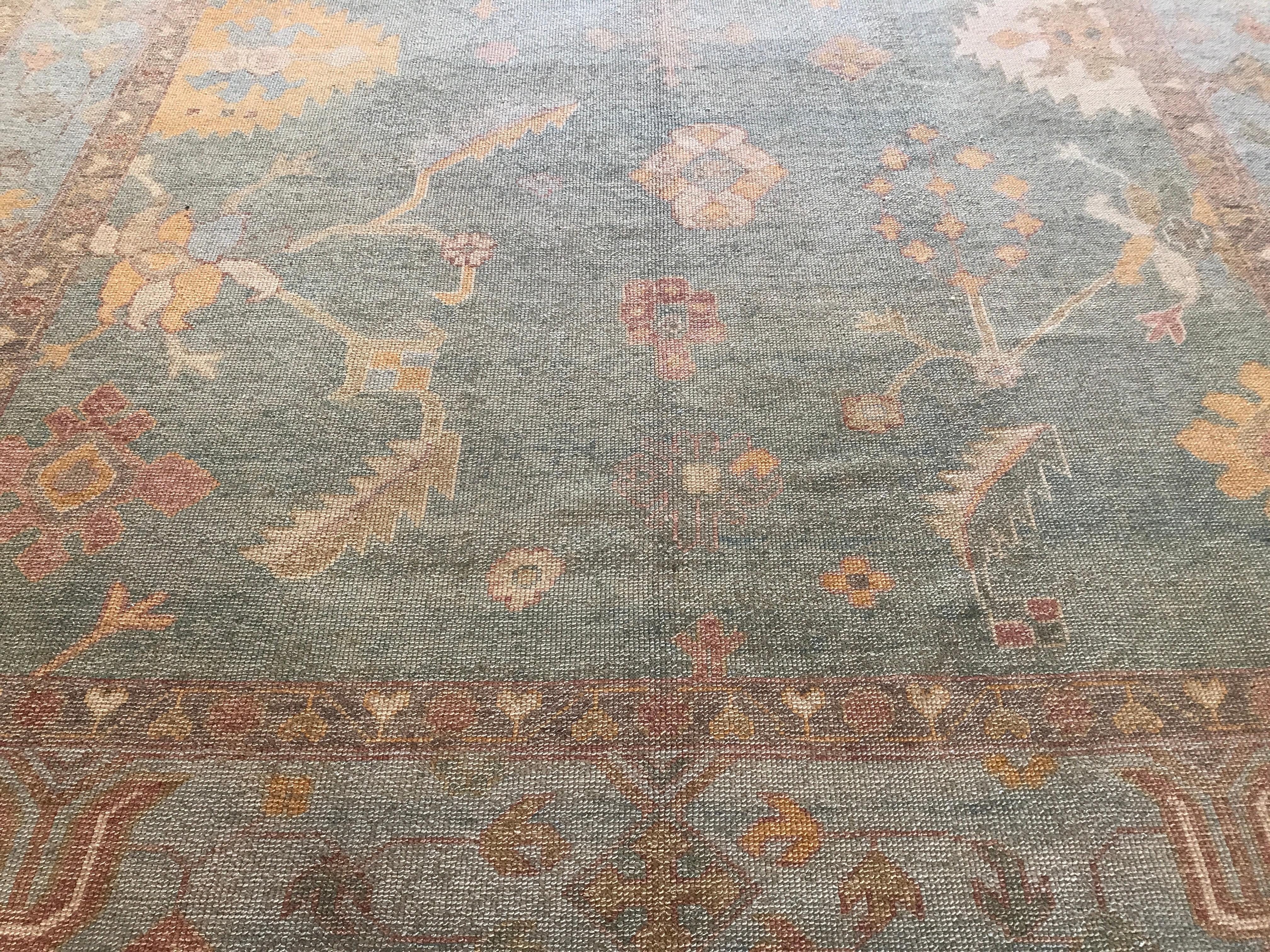 Hand-Knotted Teal and Gold Oushak Rug For Sale