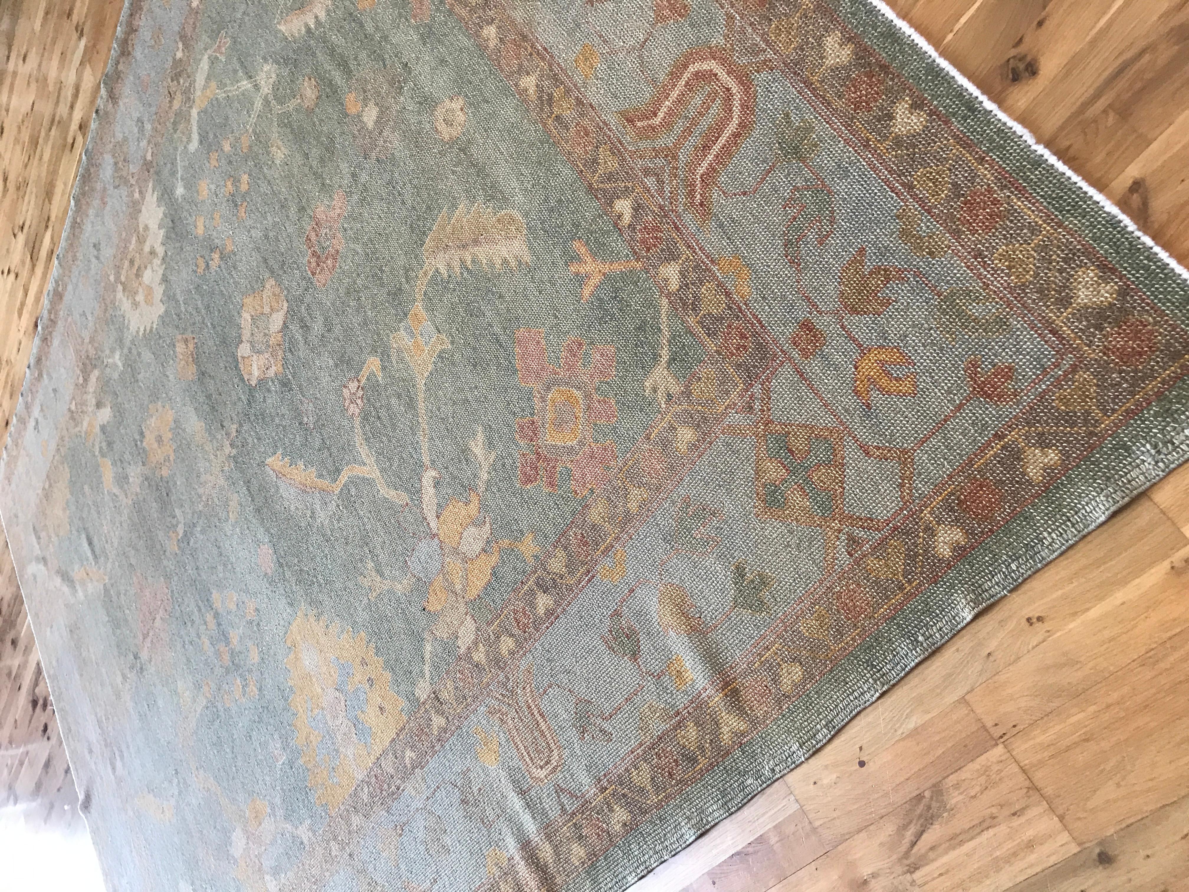 Teal and Gold Oushak Rug In New Condition For Sale In Los Angeles, CA