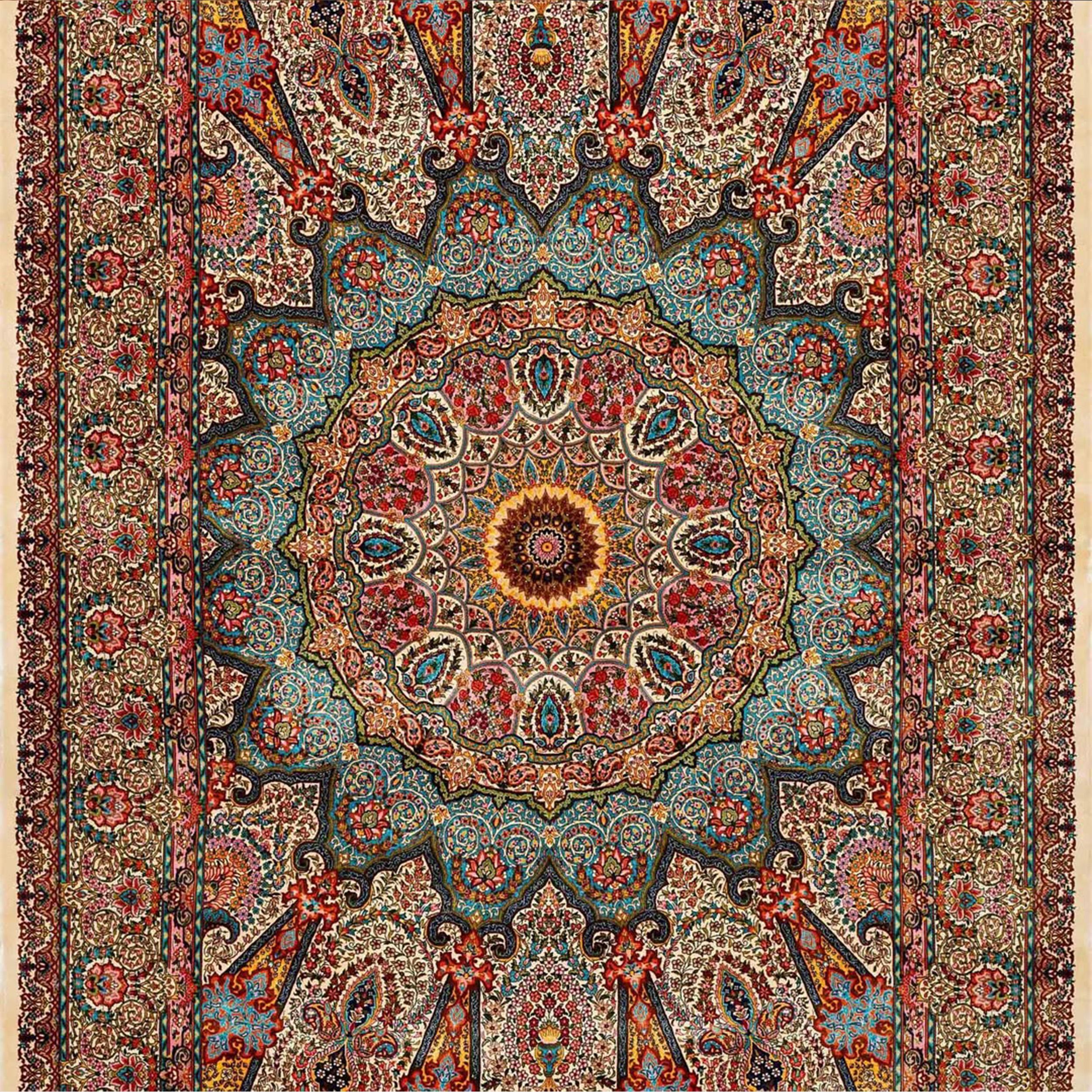 Britannico Tappeto persiano in pura seta in stile Tabriz verde acqua e oro, artigianato iraniano, 0042 in vendita