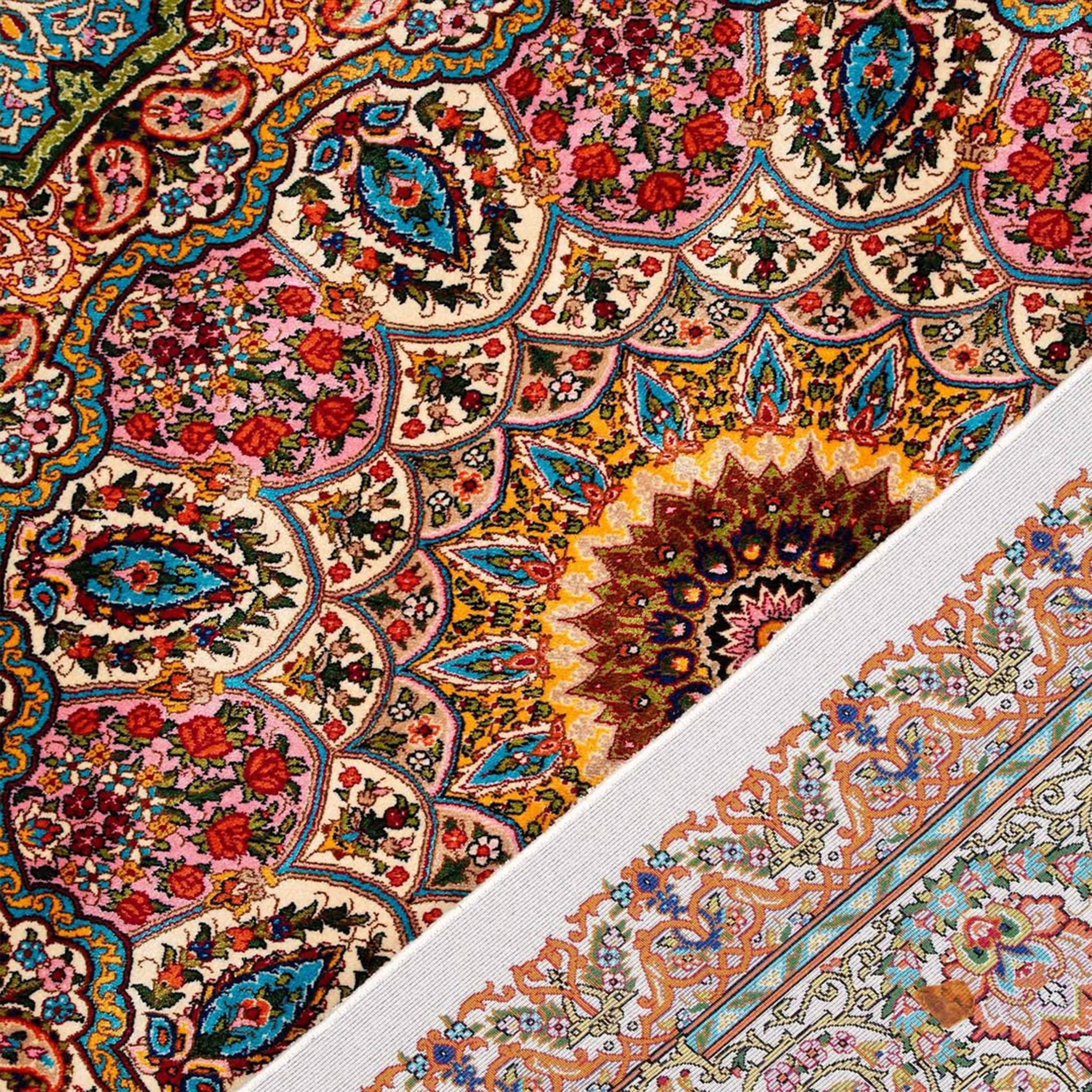 Annodato a mano Tappeto persiano in pura seta in stile Tabriz verde acqua e oro, artigianato iraniano, 0042 in vendita