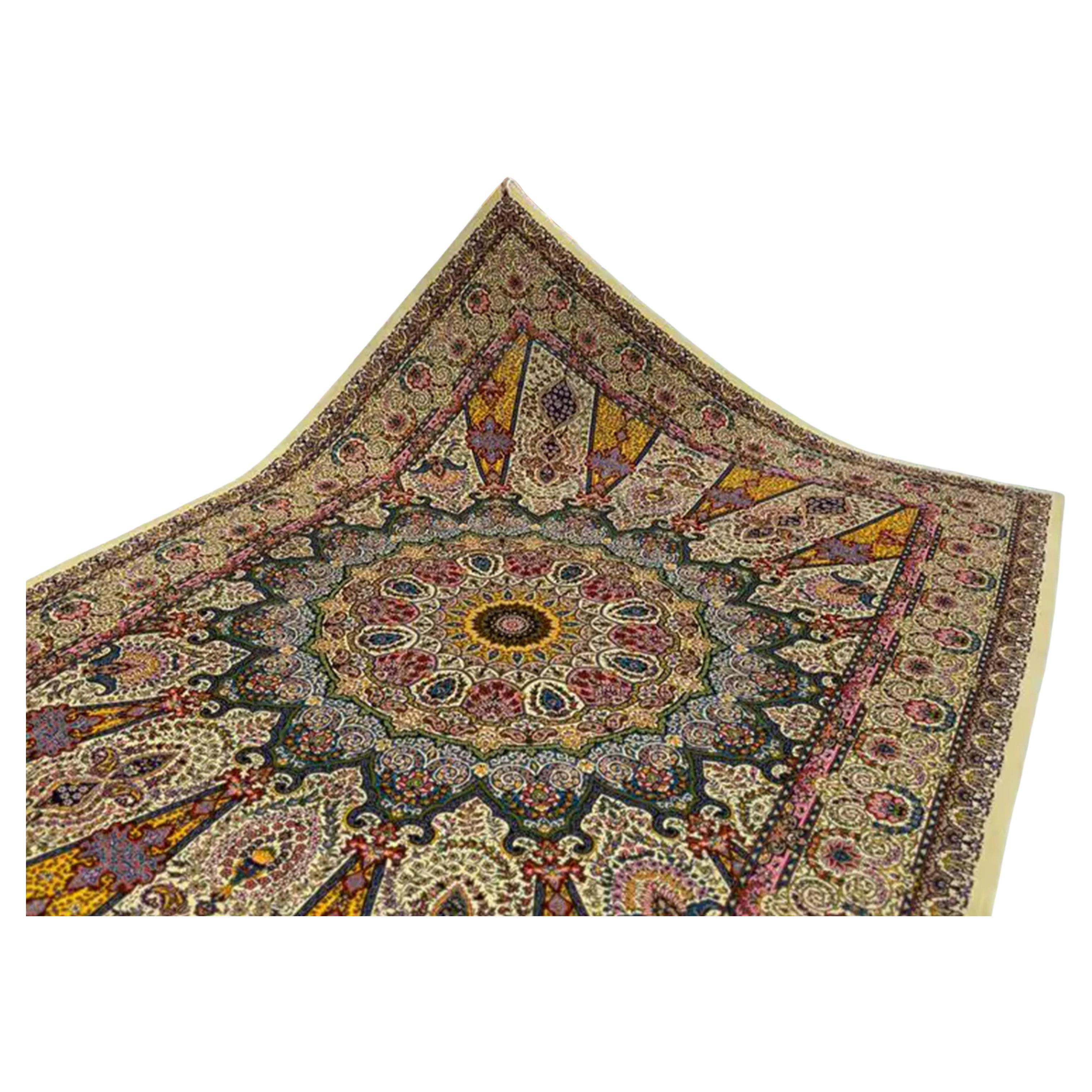 Tappeto persiano in pura seta in stile Tabriz verde acqua e oro, artigianato iraniano, 0042 in vendita