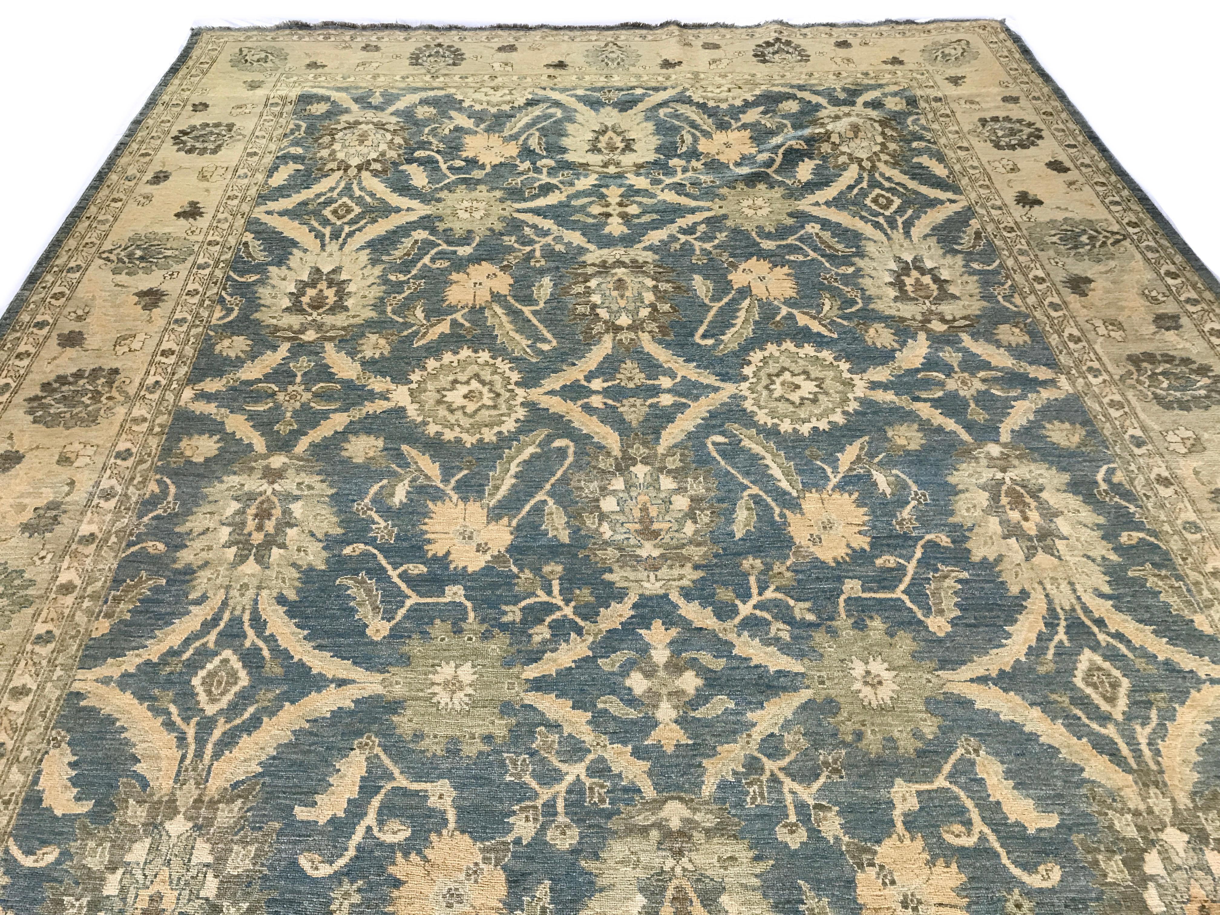 Pakistani Teal and Gold Traditional Wool Area Rug For Sale