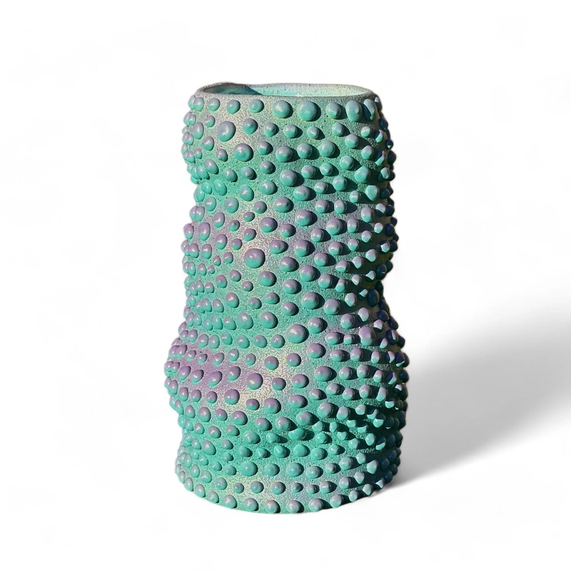 Teal And Purple Wavy Organic Dot Ombre Vase In Excellent Condition For Sale In Berkeley, CA