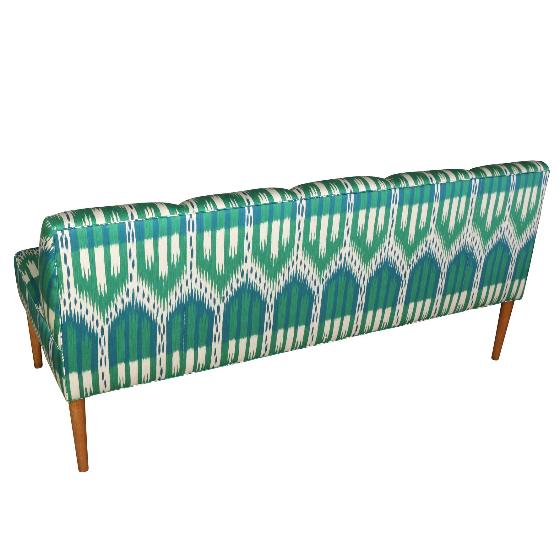 Teal and Turquoise Ikat Banquette In Excellent Condition For Sale In Locust Valley, NY