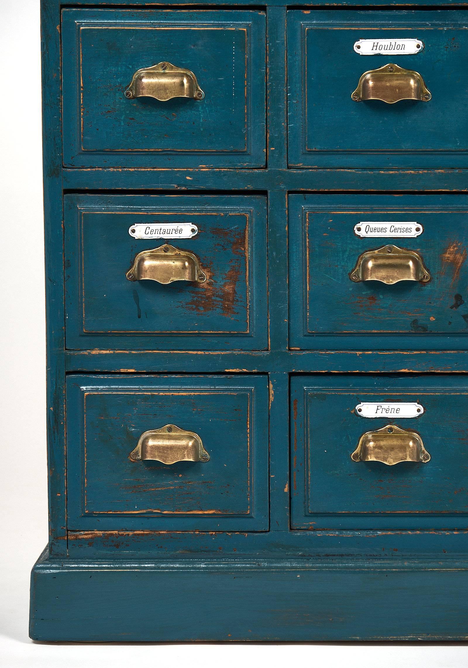Brass Teal Antique Apothecary Cabinet