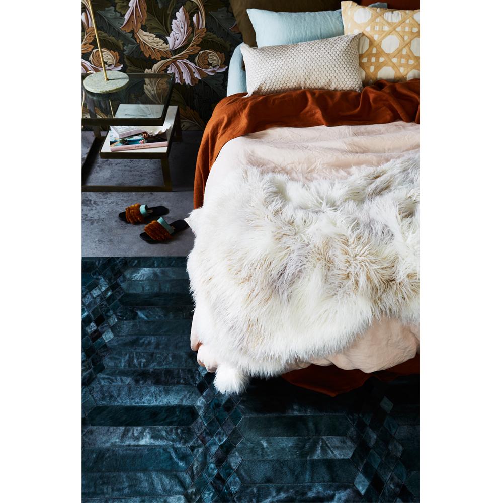 Pakistani Teal, Art Deco Inspired Customizable Largo Teal Cowhide Area Floor Rug Large For Sale