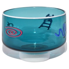 Teal Art Glass Bowl with White Rim and Footed Base