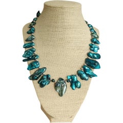 Teal Biwa Cultured Pearl Sterling Silver Collar Necklace