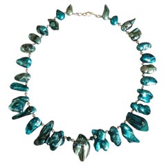 Teal Biwa Cultured Pearl Sterling Silver Collar Necklace