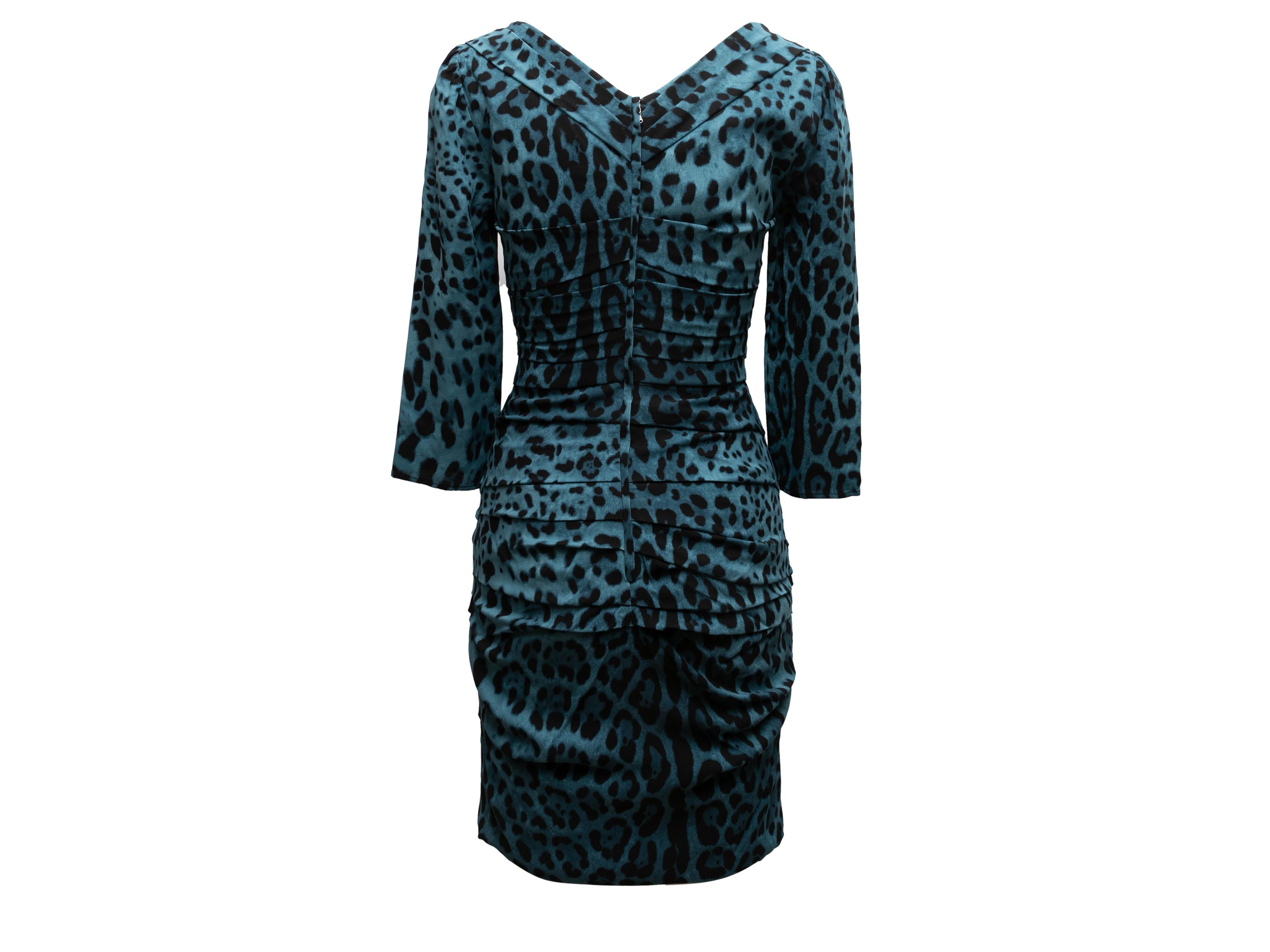 Teal & Black Dolce & Gabbana Leopard Print Silk Dress Size IT 44 In Good Condition In New York, NY