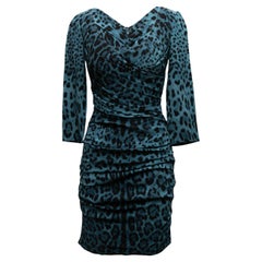 Teal & Black Dolce & Gabbana Leopard Print Silk Dress Size IT 44
