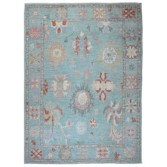 Teal Blue Angora Oushak Soft Velvety Wool Hand Knotted Oriental Rug