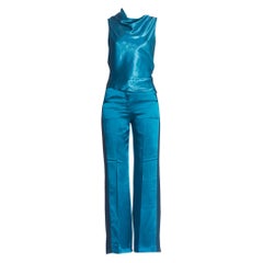 Vintage Teal  Blue Bias Satin Top And Satin Low Rise Flared Cut Trousers