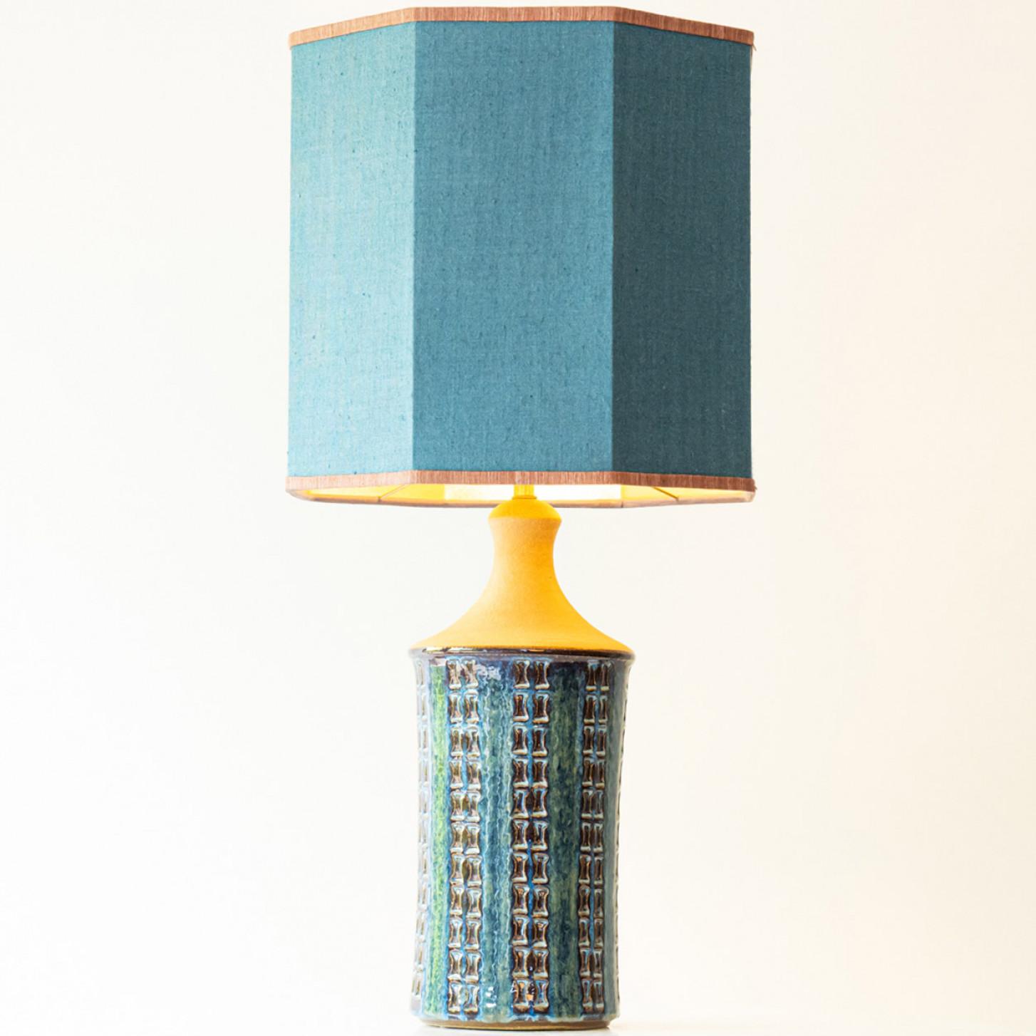 Français Teal Blue Ceramic Table Lamp, Lampshade by R. Houben, 1970 en vente