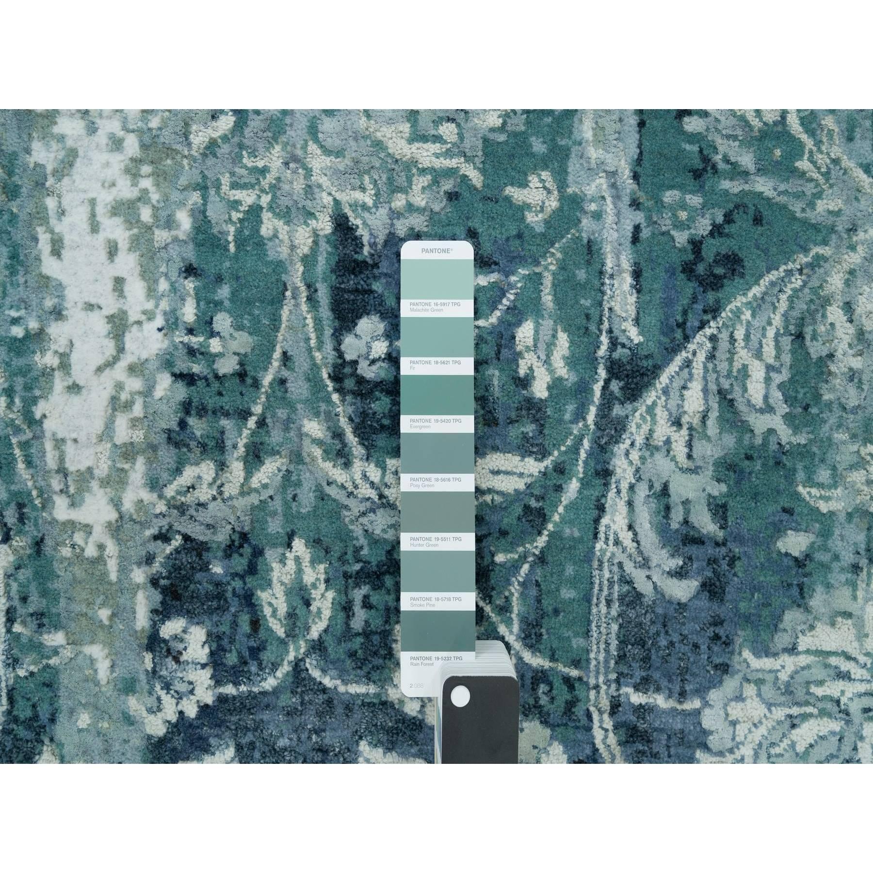 Alfombra oriental anudada a mano de lana y seda con diseño persa borrado azul turquesa 7' x 7 Indio en venta