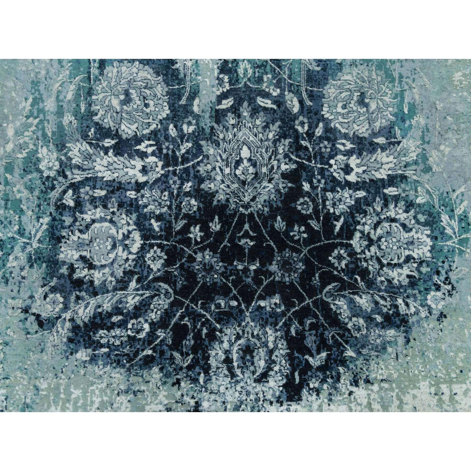 Alfombra oriental anudada a mano de lana y seda con diseño persa borrado azul turquesa 7' x 7 Anudado a mano en venta