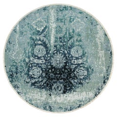 Alfombra oriental anudada a mano de lana y seda con diseño persa borrado azul turquesa 7' x 7