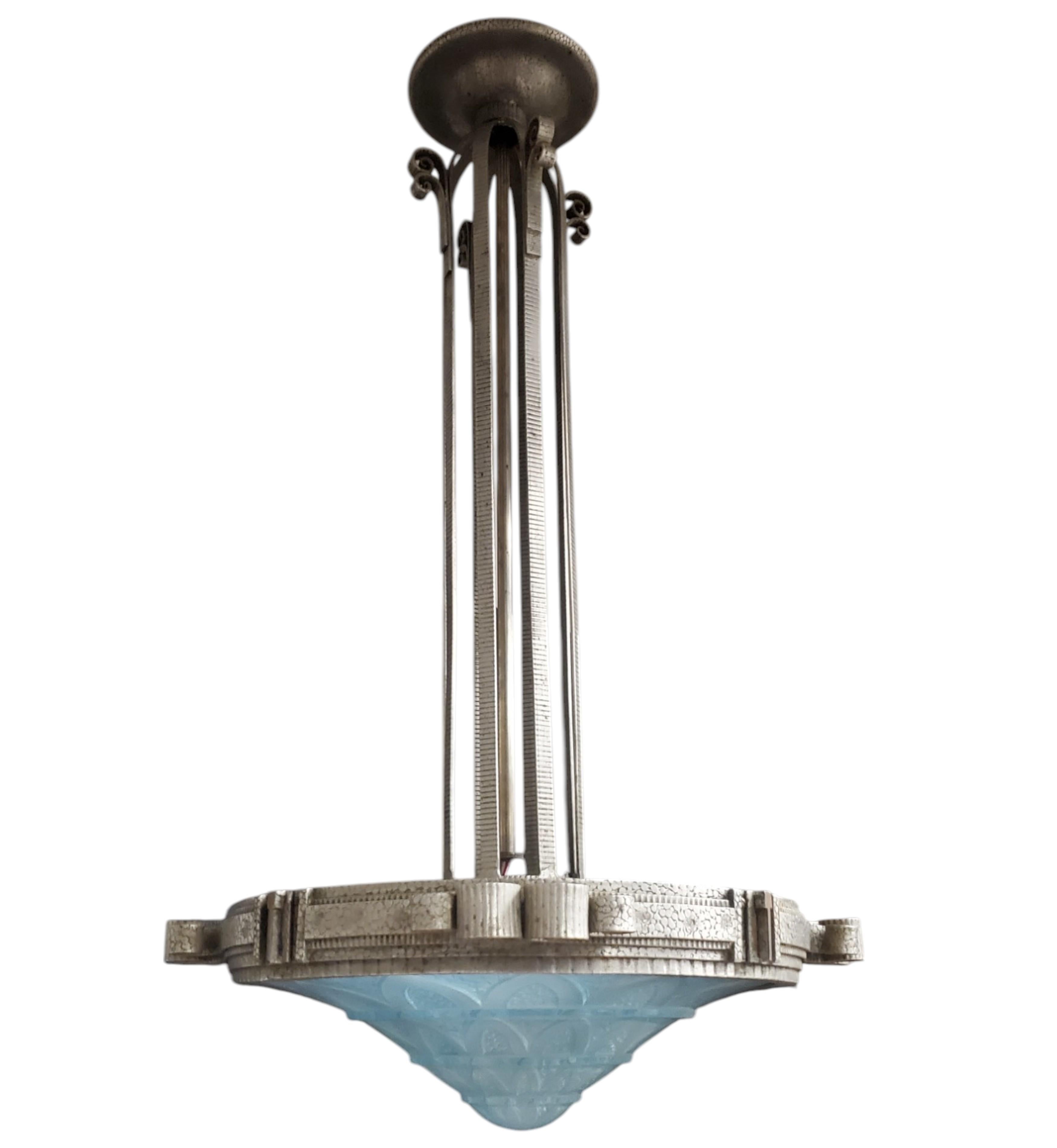 Teal blue French Art Deco art glass and iron mounted pendant chandelier For Sale 4