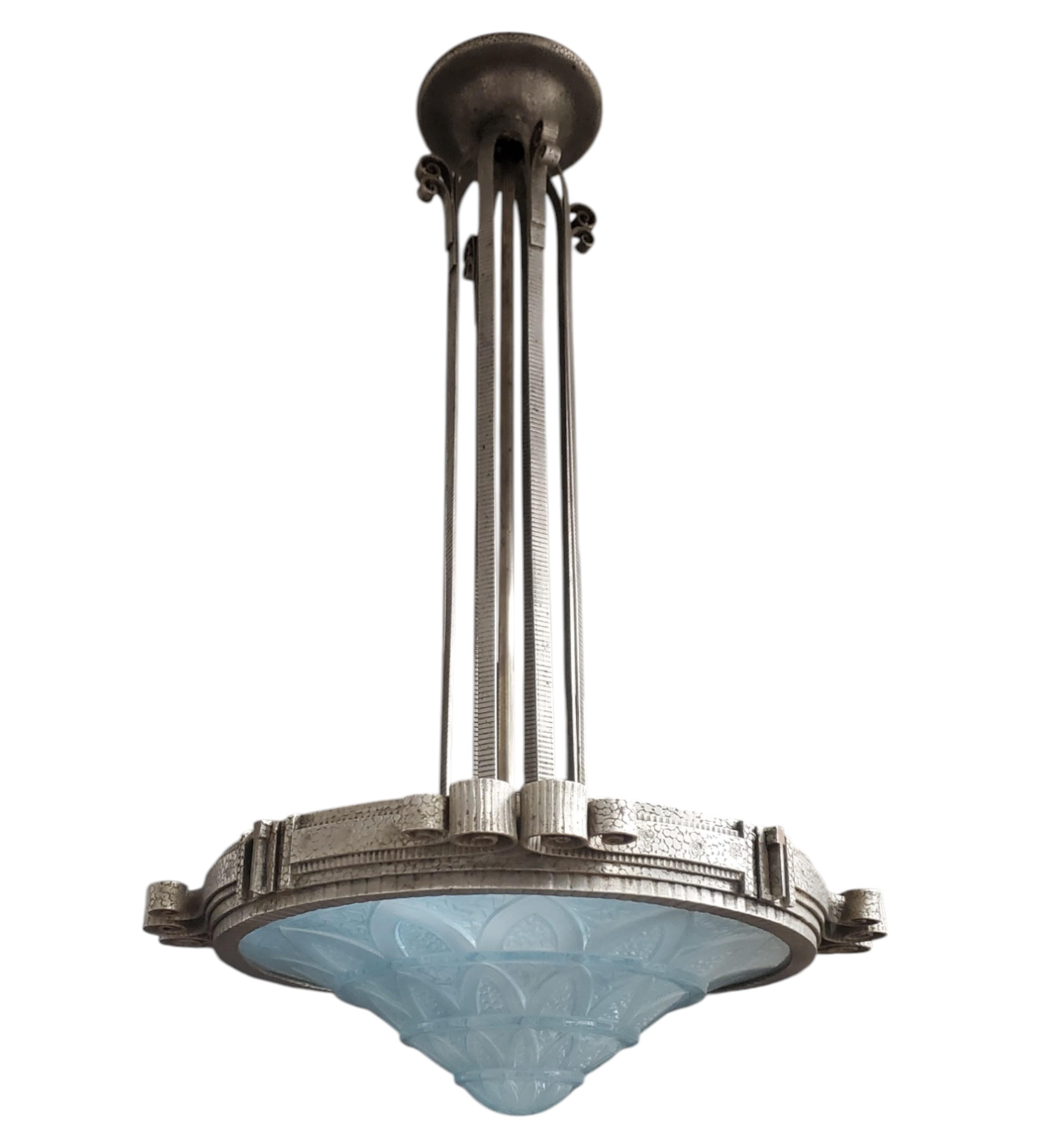 Teal blue French Art Deco art glass and iron mounted pendant chandelier For Sale 5