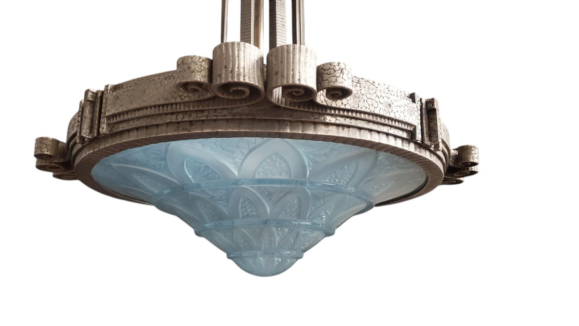 Teal blue French Art Deco art glass and iron mounted pendant chandelier For Sale 6