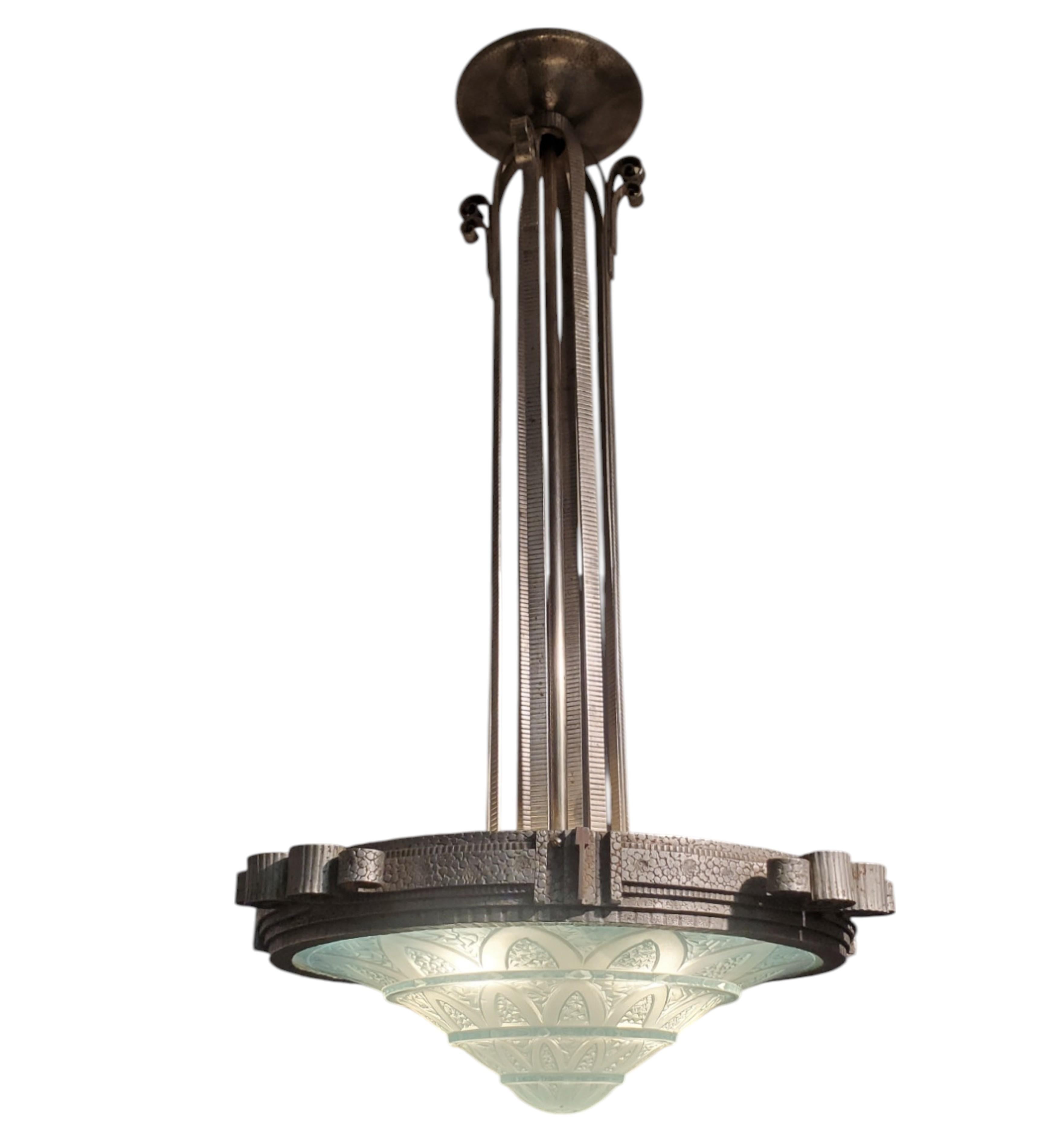 Teal blue French Art Deco art glass and iron mounted pendant chandelier For Sale 7