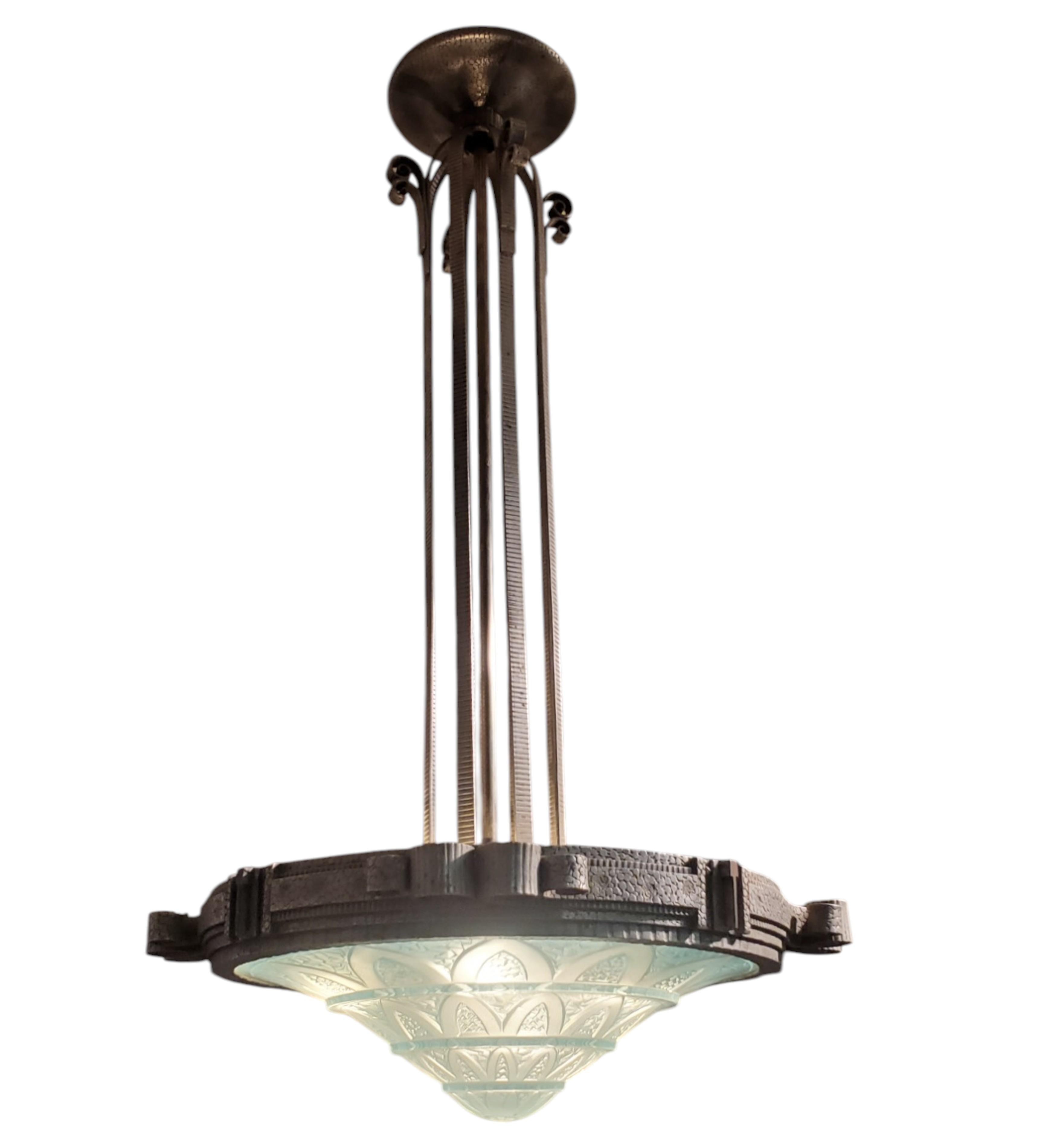 Teal blue French Art Deco art glass and iron mounted pendant chandelier For Sale 8