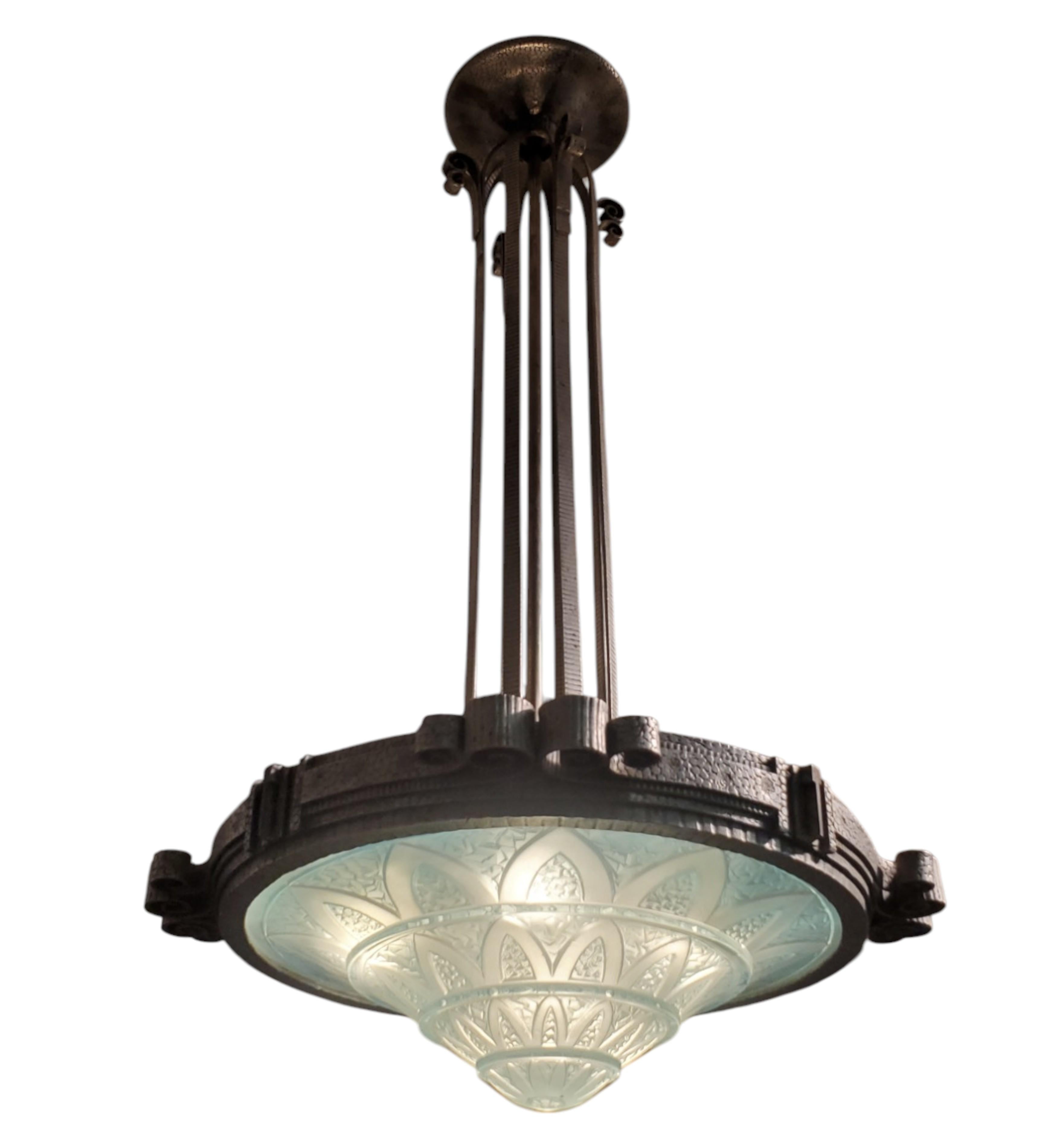 Teal blue French Art Deco art glass and iron mounted pendant chandelier For Sale 9