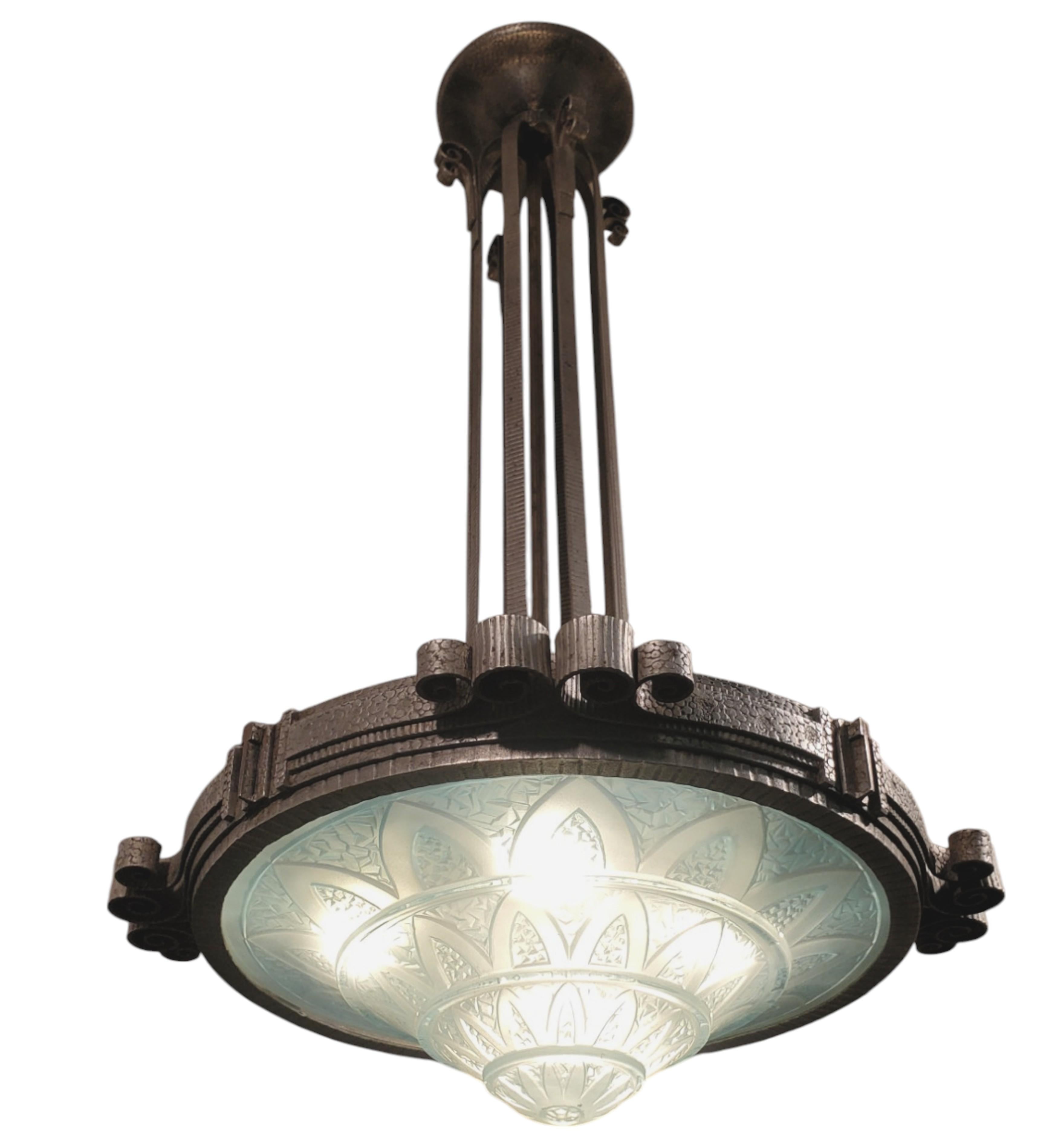 Teal blue French Art Deco art glass and iron mounted pendant chandelier For Sale 10