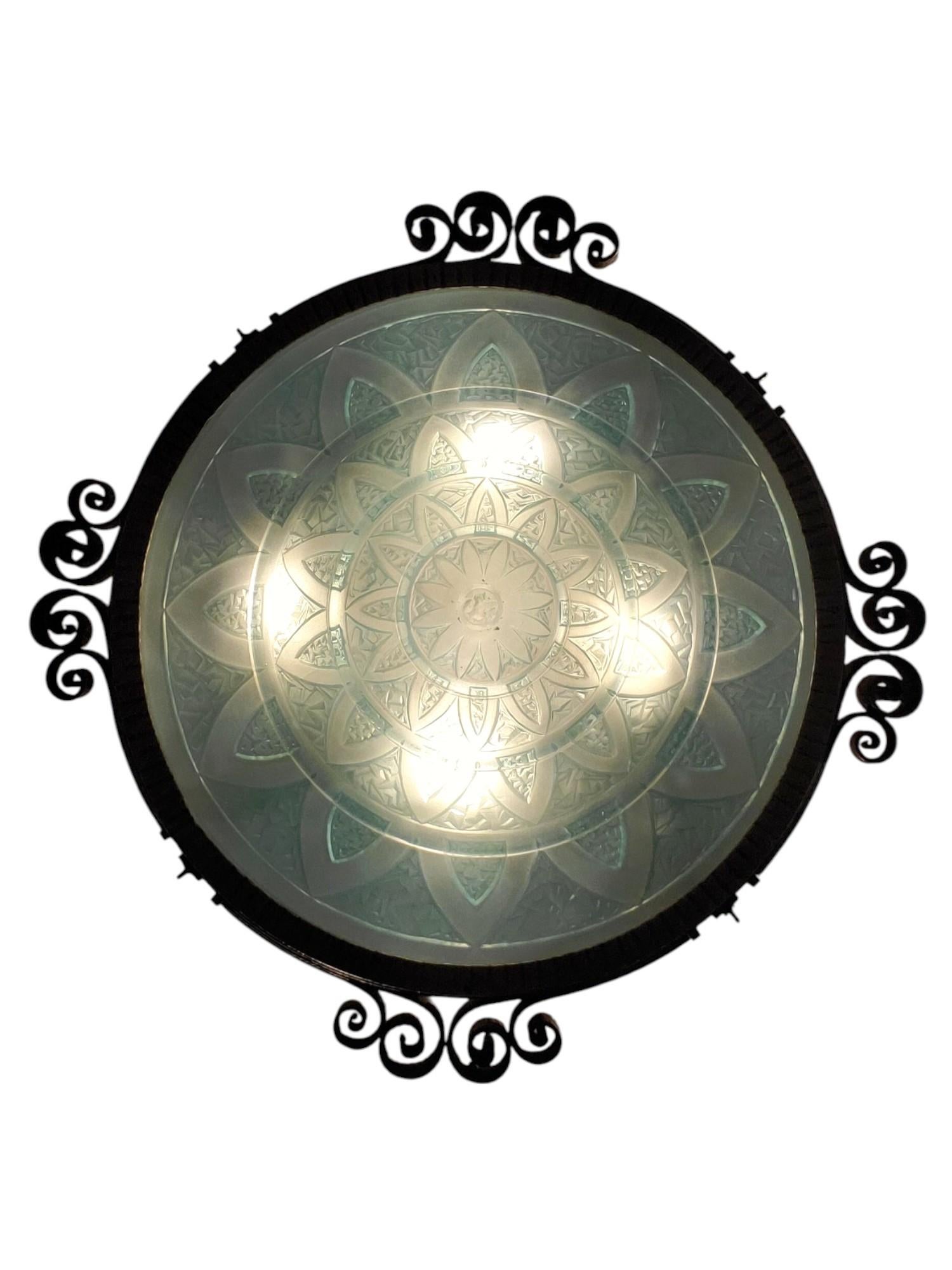 Teal blue French Art Deco art glass and iron mounted pendant chandelier For Sale 11