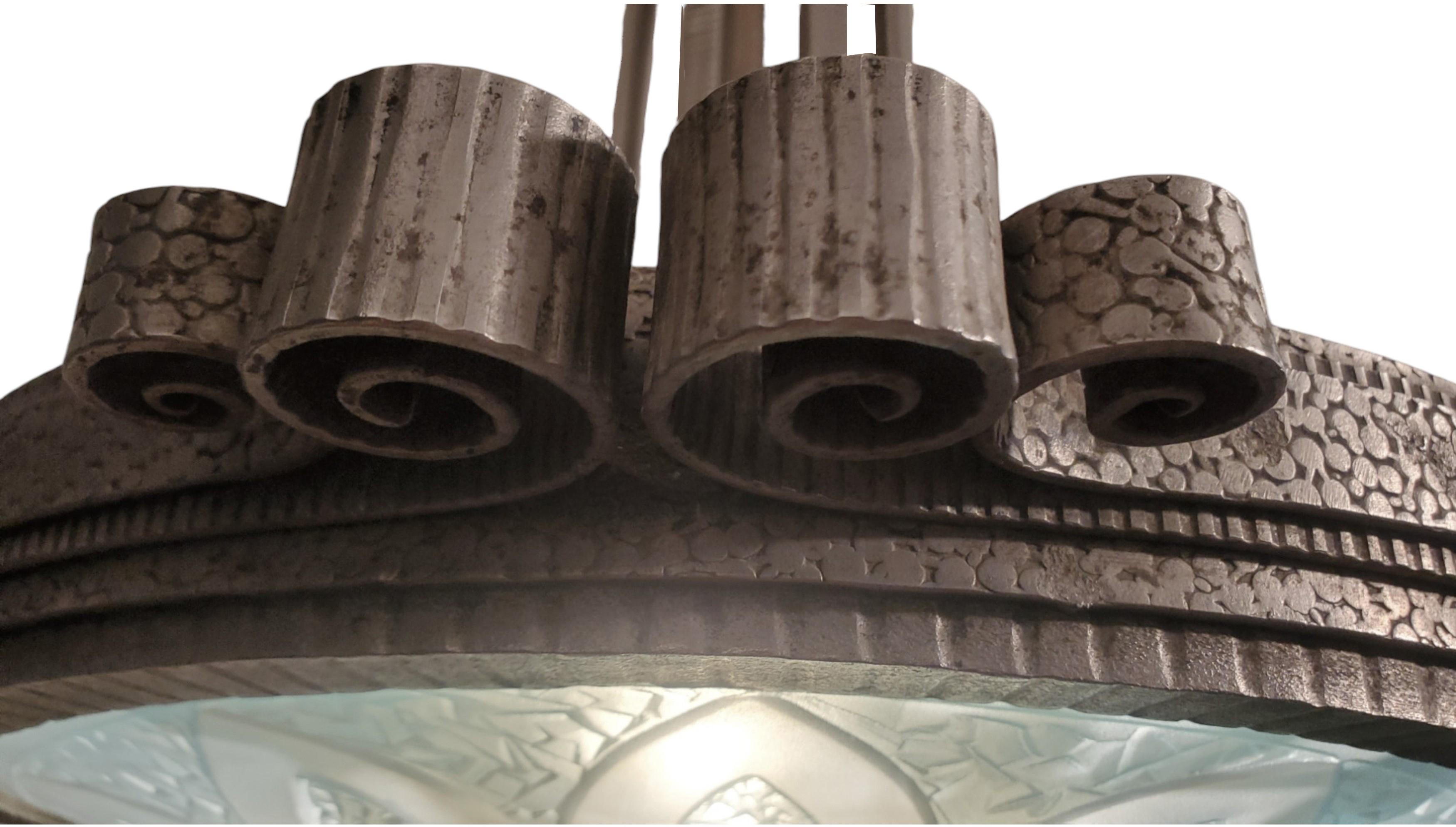 Teal blue French Art Deco art glass and iron mounted pendant chandelier For Sale 13