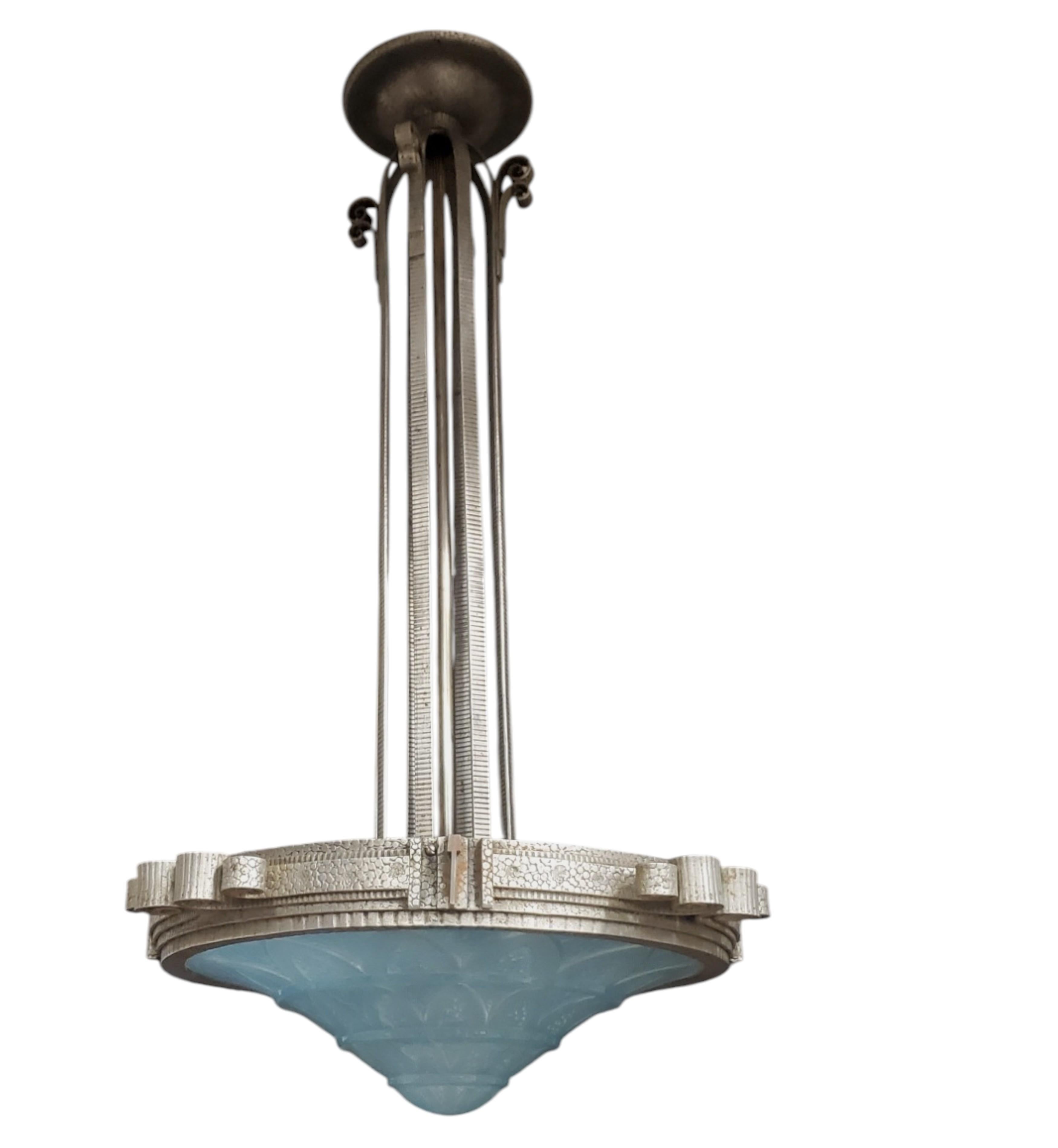 Forged Teal blue French Art Deco art glass and iron mounted pendant chandelier For Sale
