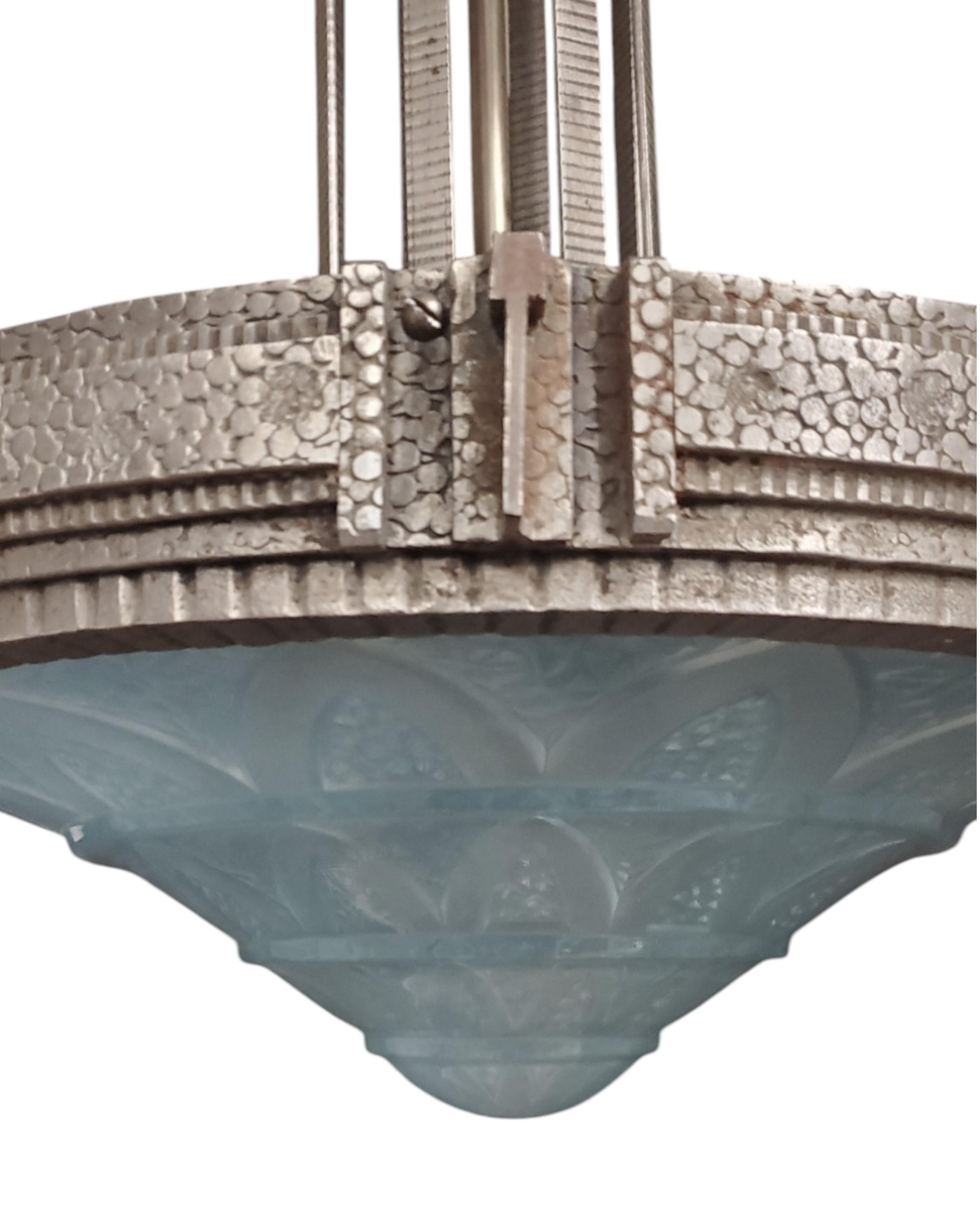 Teal blue French Art Deco art glass and iron mounted pendant chandelier In Good Condition For Sale In New York City, NY