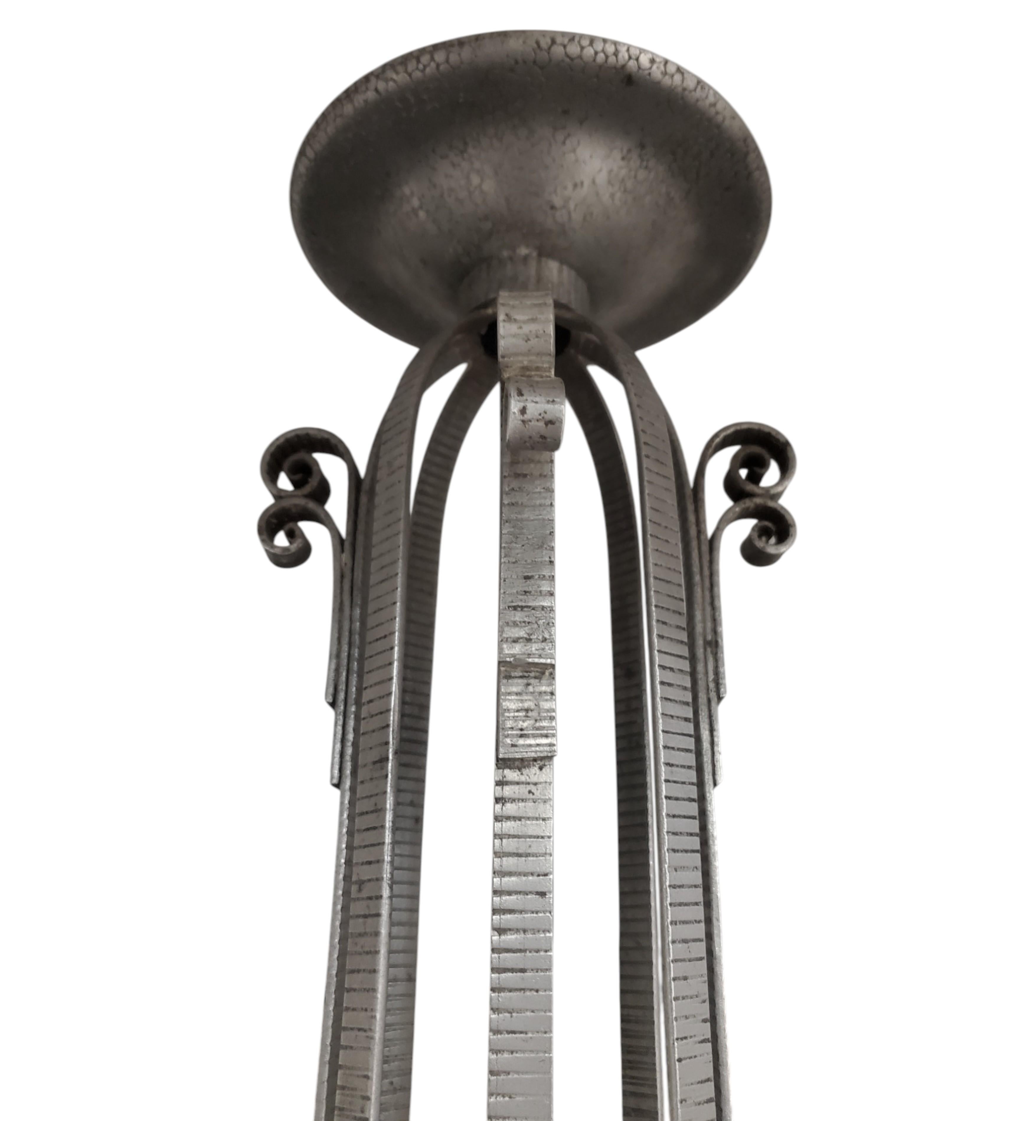 Art Glass Teal blue French Art Deco art glass and iron mounted pendant chandelier For Sale