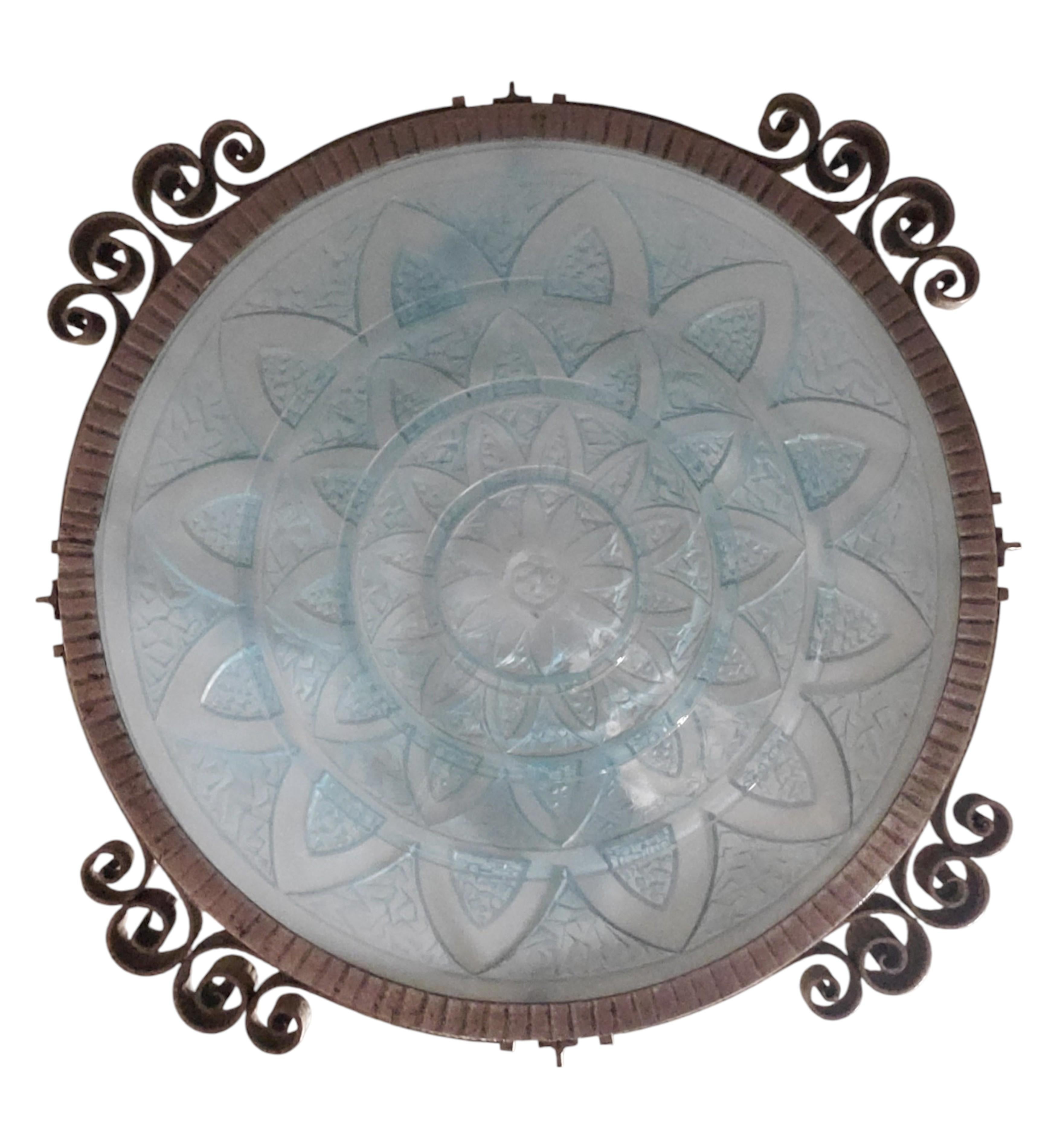 Teal blue French Art Deco art glass and iron mounted pendant chandelier For Sale 2