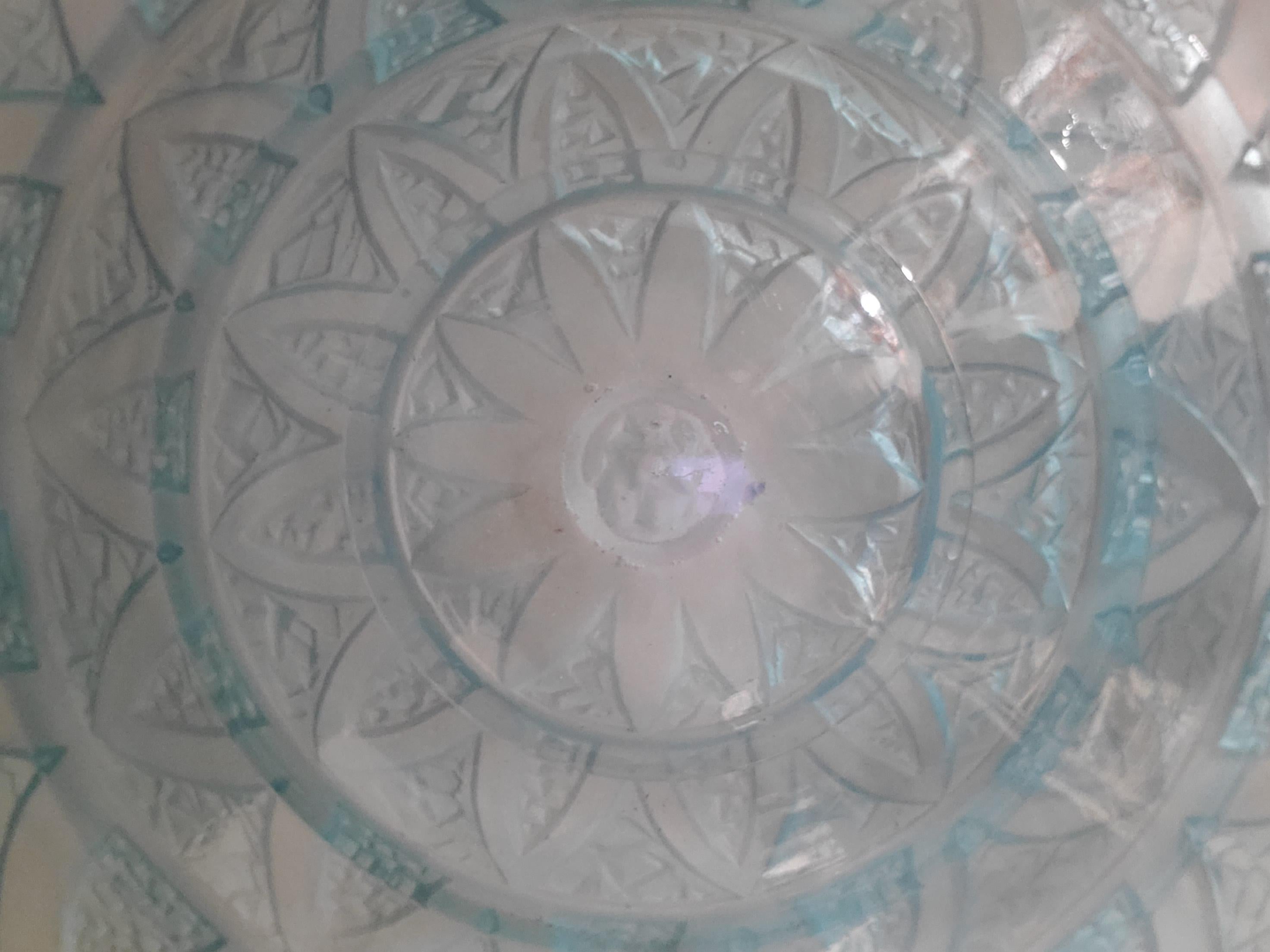 Teal blue French Art Deco art glass and iron mounted pendant chandelier For Sale 3