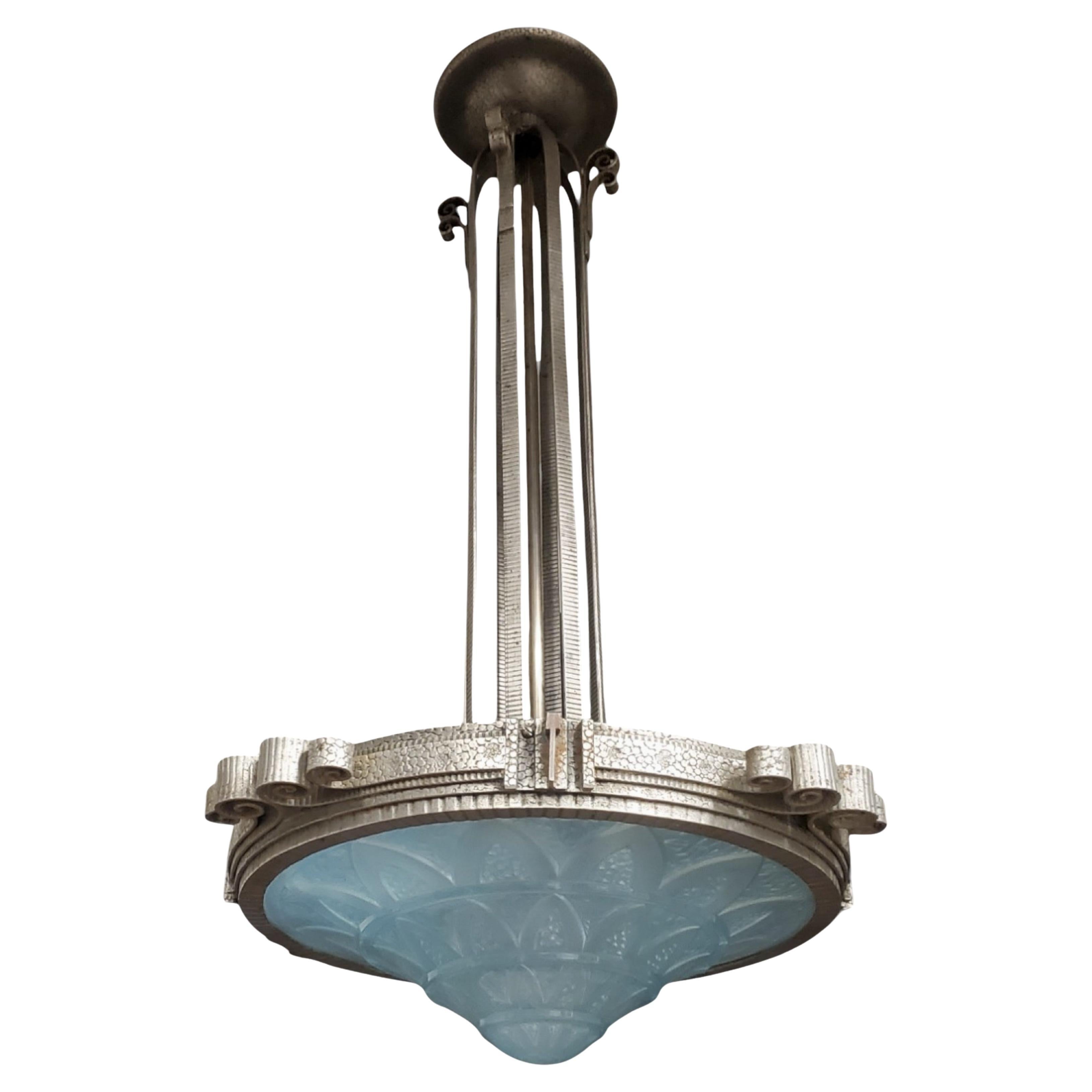 Teal blue French Art Deco art glass and iron mounted pendant chandelier For Sale