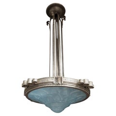 Teal blue French Art Deco art glass and iron mounted pendant chandelier