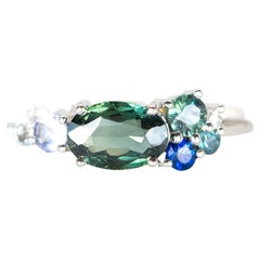 Teal Blue Green Nigerian Sapphire Cluster Ring 14K White Gold R6298