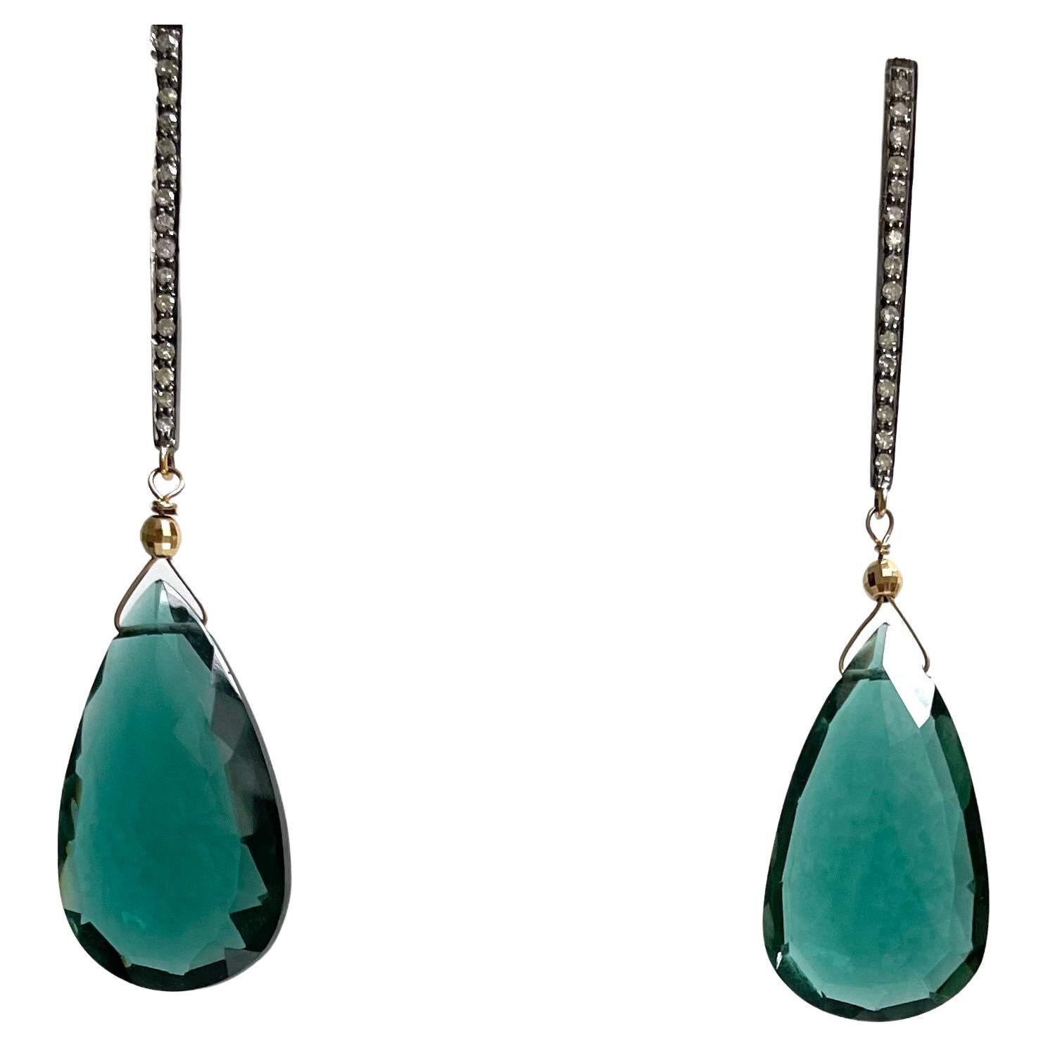 Teal Blue-Green Quartz and Diamond Paradizia Earrings For Sale 5