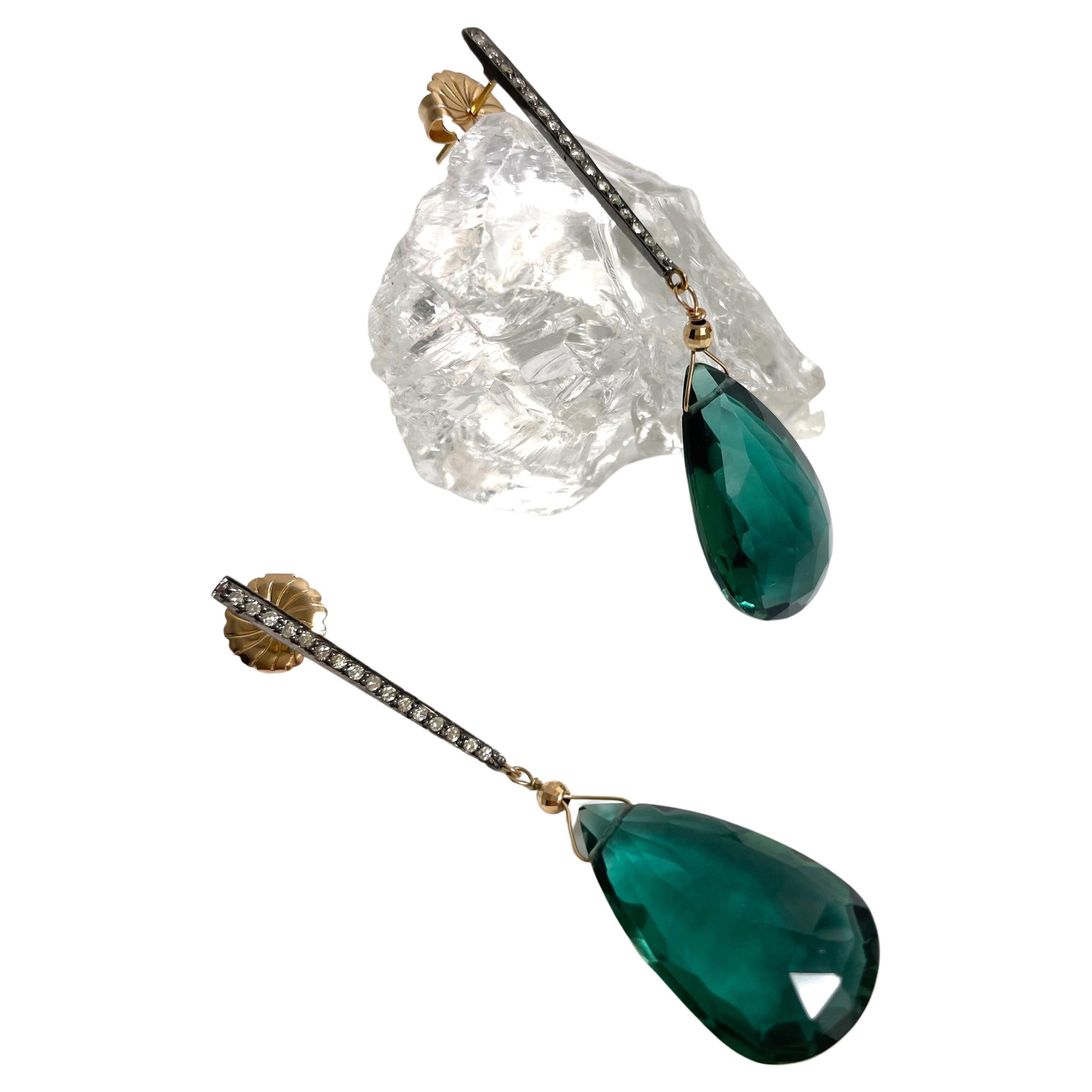Artisan Teal Blue-Green Quartz and Diamond Paradizia Earrings For Sale
