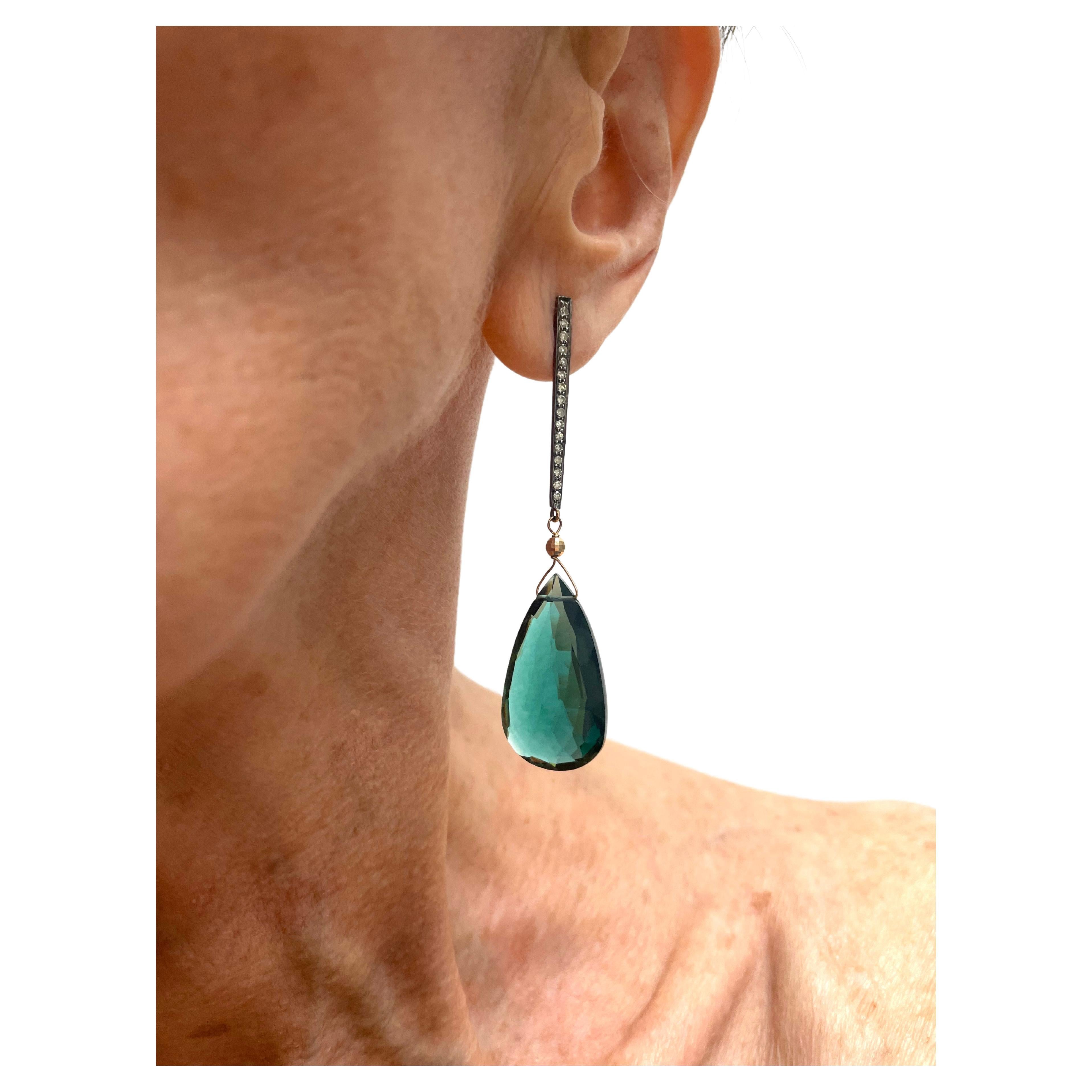 Teal Blue-Green Quartz and Diamond Paradizia Earrings For Sale 2