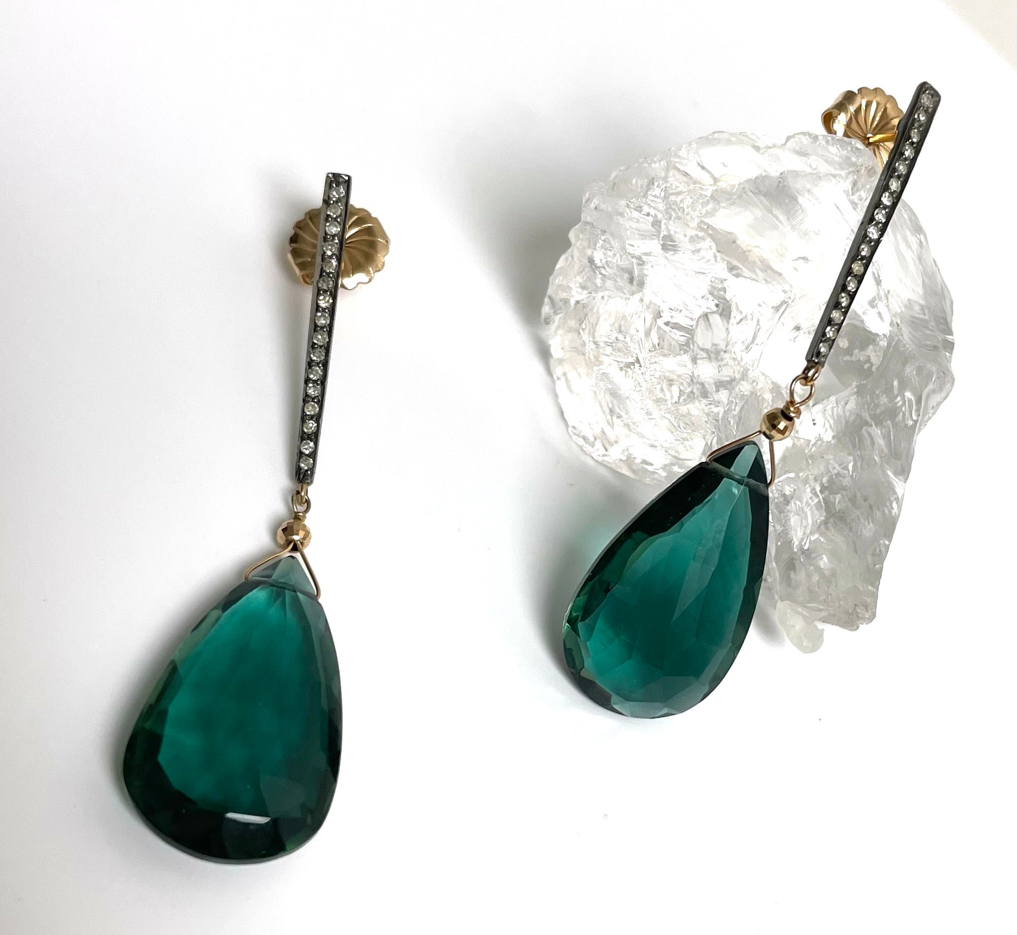 Teal Blue-Green Quartz and Diamond Paradizia Earrings For Sale 3